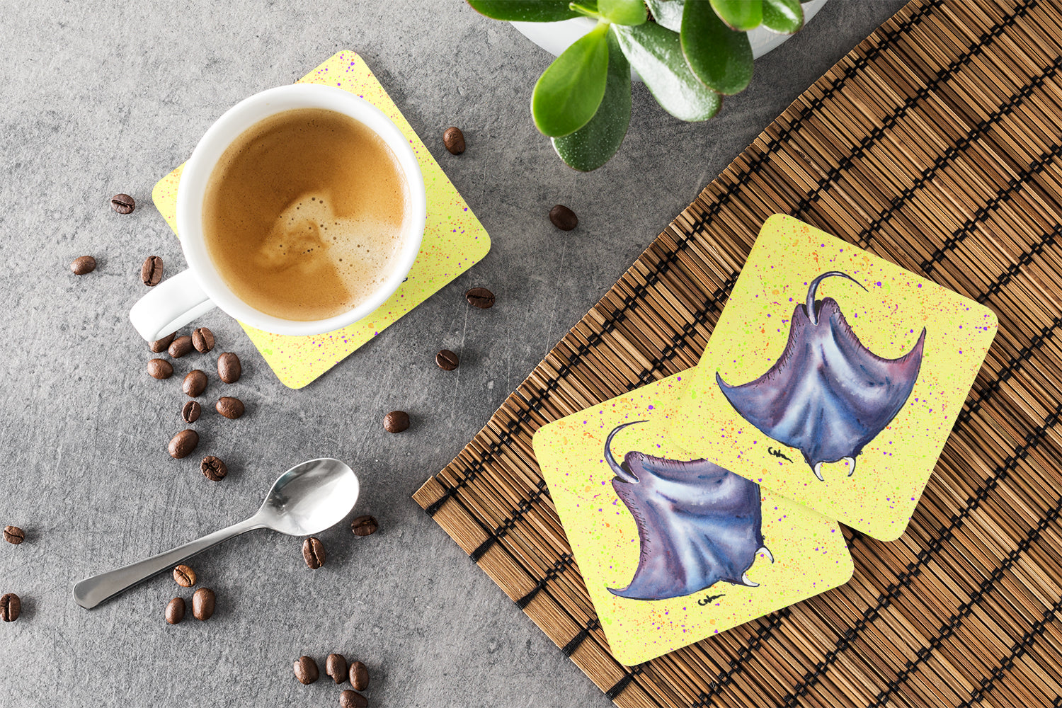 Stingray on Yellow Foam Coasters Set of 4 Cup Coasters for Indoor Outdoor, Tabletop Protection, Anti Slip, Mouse pad Material
