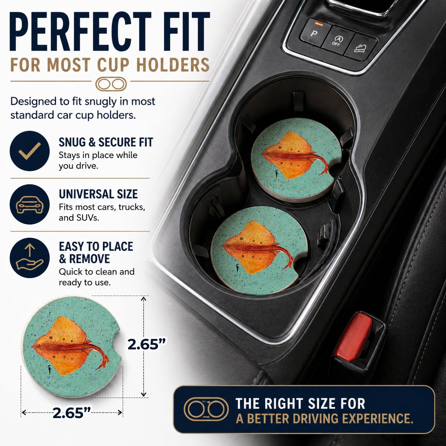 Stingray Set of 2 Cup Holder Car Coasters Absorbent Round Sandstone Coasters Gifts for Men or Women, 2.5, Multicolor