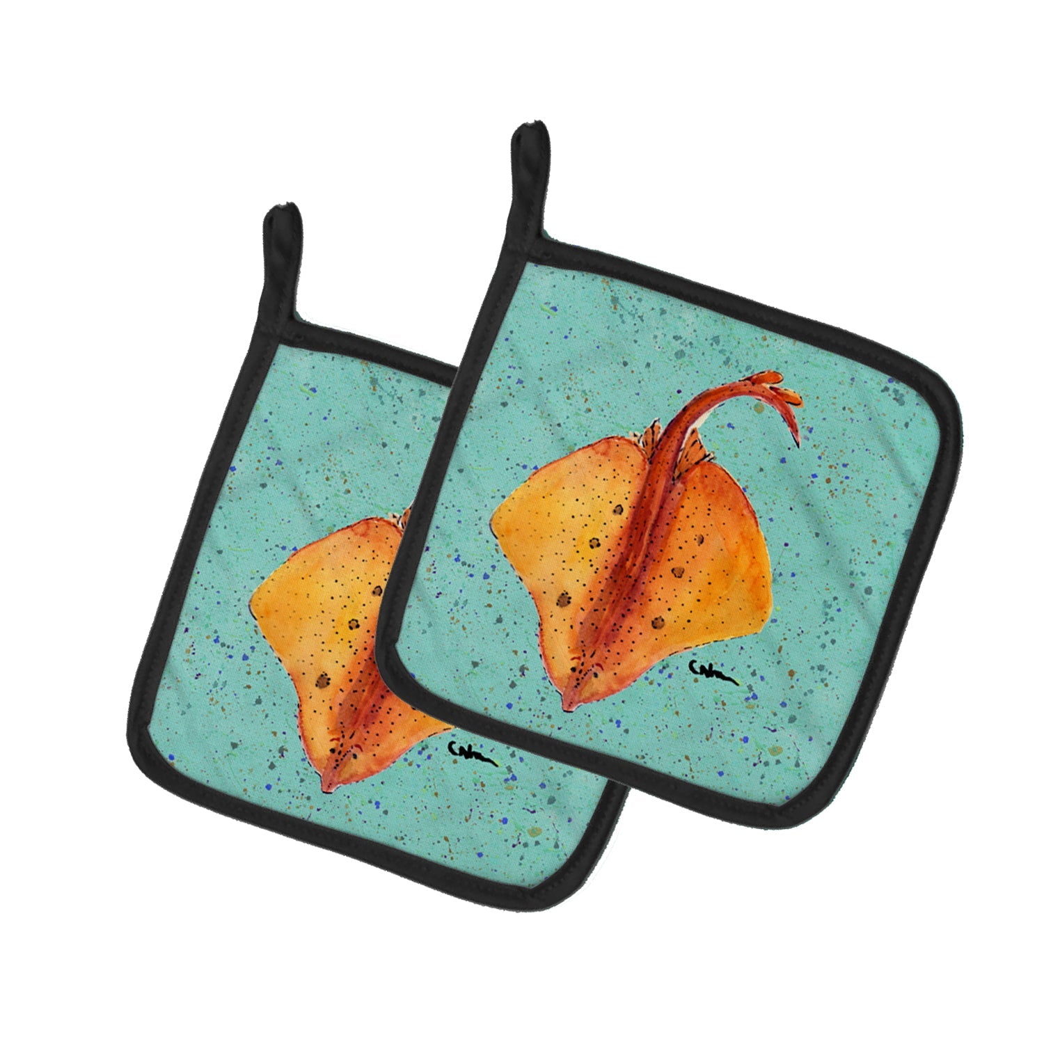 Stingray Pot Holder Set of 2 Heat Resistant Quilted Hot Pads 7.5 x 7.5 Inch, Insulated Kitchen Trivets for Cooking & Baking