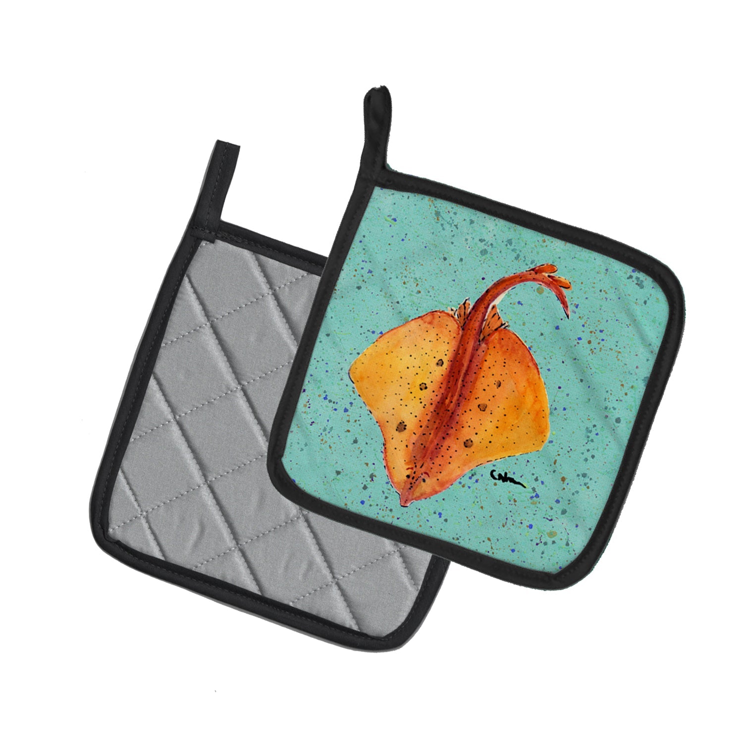 Stingray Pot Holder Set of 2 Heat Resistant Quilted Hot Pads 7.5 x 7.5 Inch, Insulated Kitchen Trivets for Cooking & Baking
