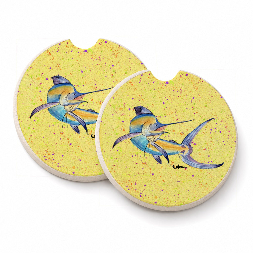 Blue Marlin on Yellow Set of 2 Cup Holder Car Coasters Absorbent Round Sandstone Coasters Gifts for Men or Women, 2.5, Multicolor