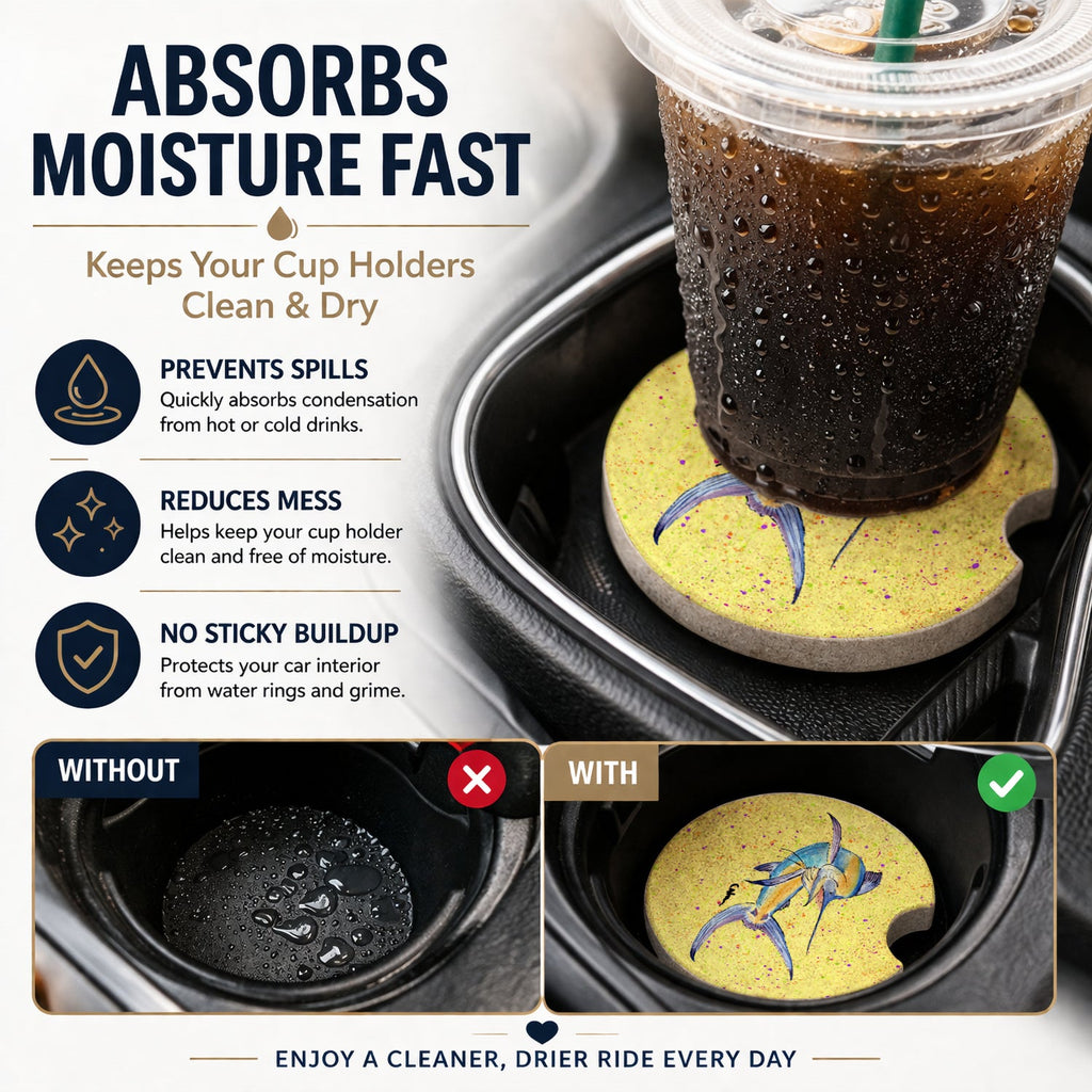 Blue Marlin on Yellow Set of 2 Cup Holder Car Coasters Absorbent Round Sandstone Coasters Gifts for Men or Women, 2.5, Multicolor