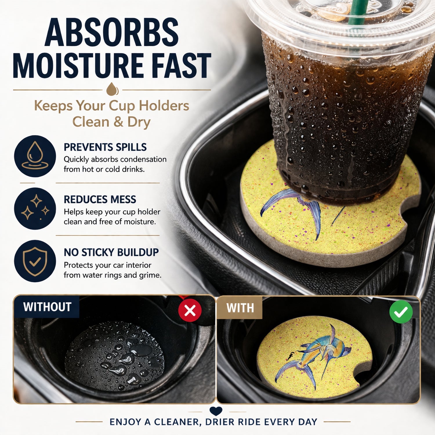 Blue Marlin on Yellow Set of 2 Cup Holder Car Coasters Absorbent Round Sandstone Coasters Gifts for Men or Women, 2.5, Multicolor