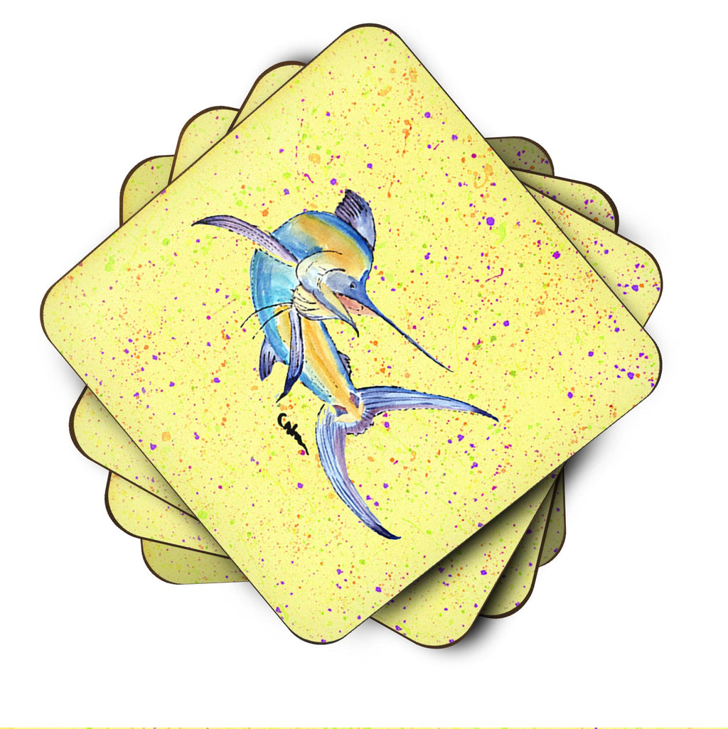 Blue Marlin on Yellow Foam Coasters Set of 4 Cup Coasters for Indoor Outdoor, Tabletop Protection, Anti Slip, Mouse pad Material