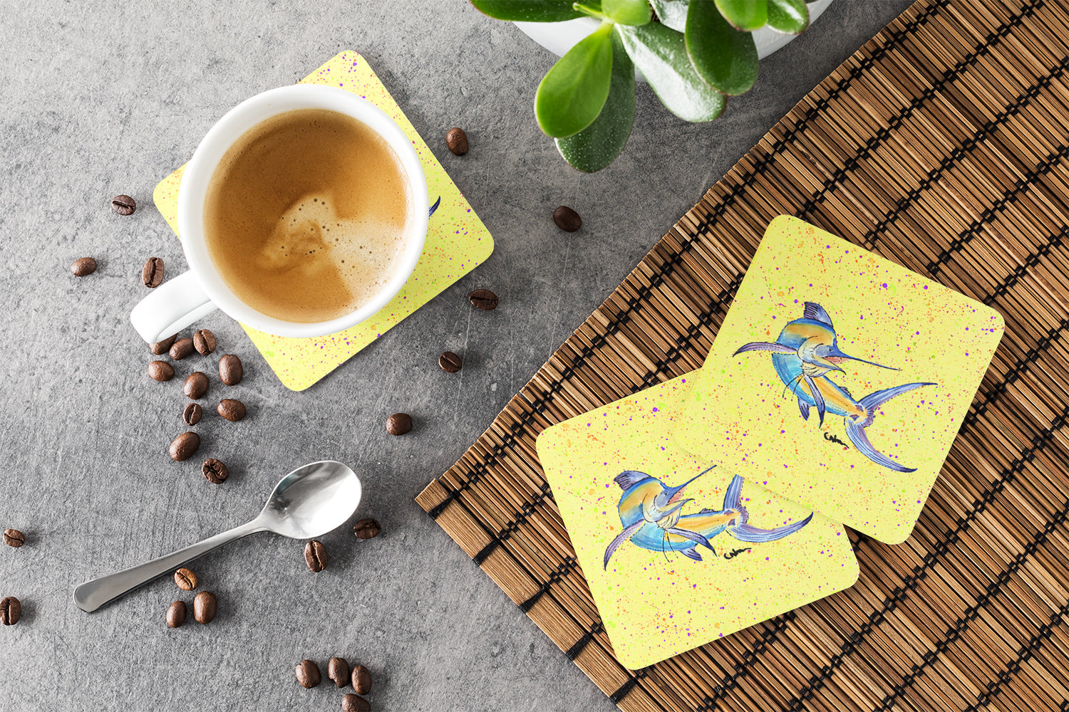 Blue Marlin on Yellow Foam Coasters Set of 4 Cup Coasters for Indoor Outdoor, Tabletop Protection, Anti Slip, Mouse pad Material