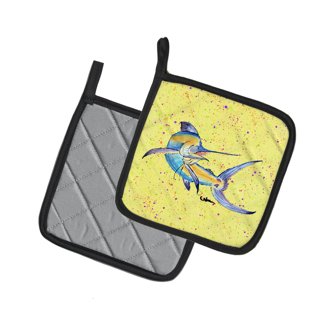 Blue Marlin on Yellow Pot Holder Set of 2 Heat Resistant Quilted Hot Pads 7.5 x 7.5 Inch, Insulated Kitchen Trivets for Cooking & Baking