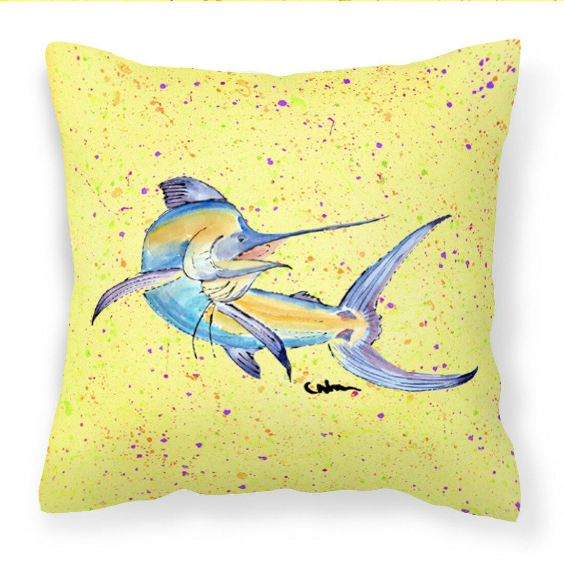 Blue Marlin on Yellow Decorative Throw Pillow 14x14 Indoor Outdoor Accent Cushion, Fabric Cover with Insert for Sofa, Bed, Porch & Living Room