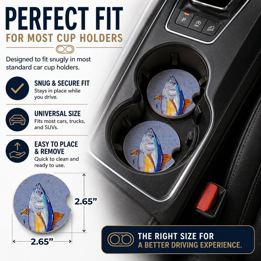 Tuna Fish Set of 2 Cup Holder Car Coasters Absorbent Round Sandstone Coasters Gifts for Men or Women, 2.5, Multicolor
