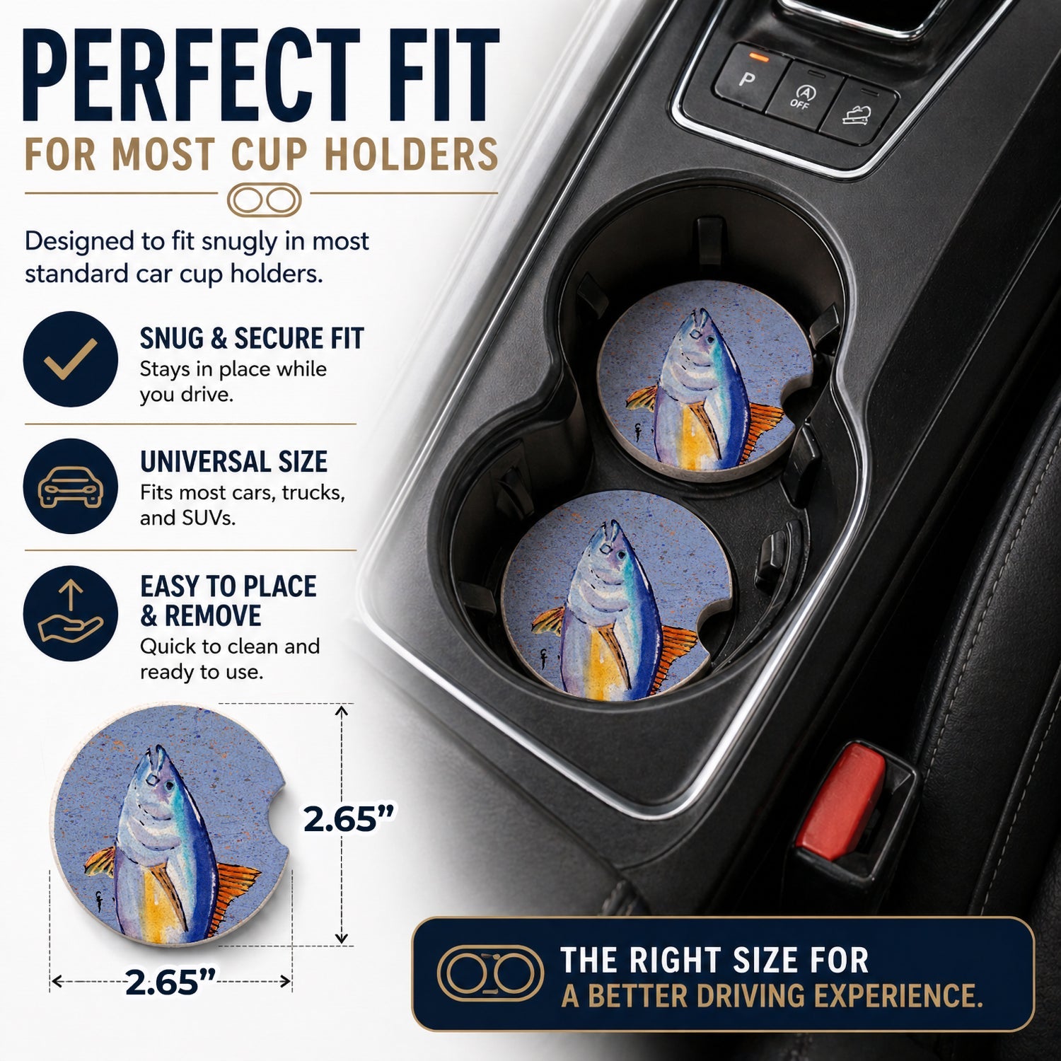 Tuna Fish Set of 2 Cup Holder Car Coasters Absorbent Round Sandstone Coasters Gifts for Men or Women, 2.5, Multicolor