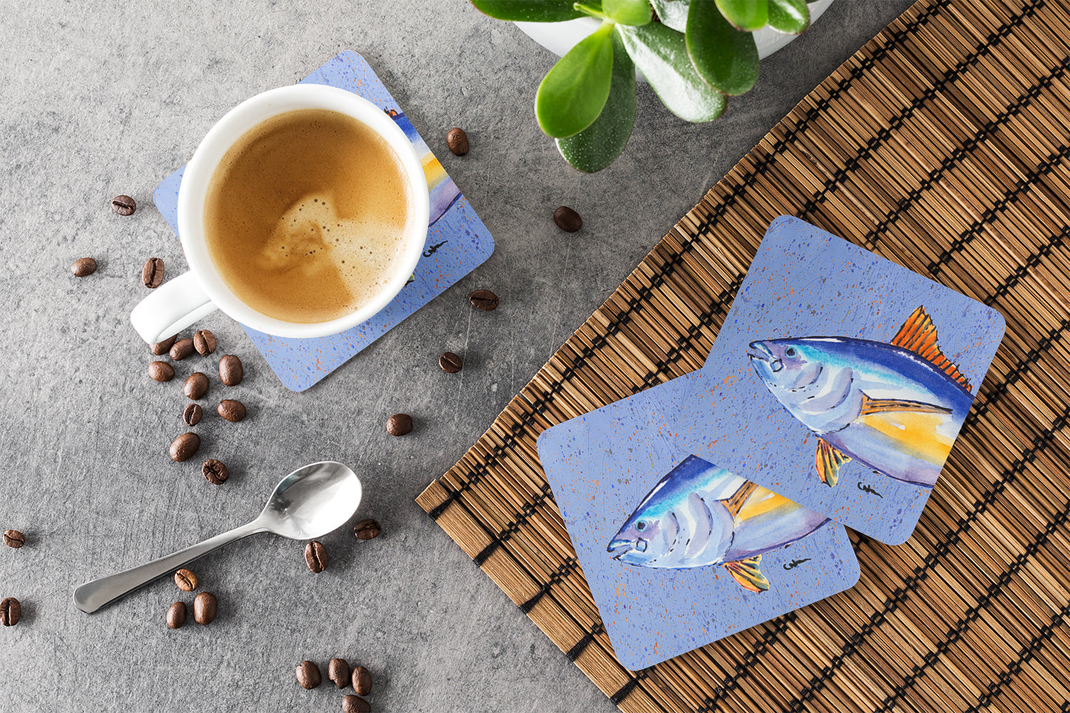 Tuna Fish Foam Coasters Set of 4 Cup Coasters for Indoor Outdoor, Tabletop Protection, Anti Slip, Mouse pad Material