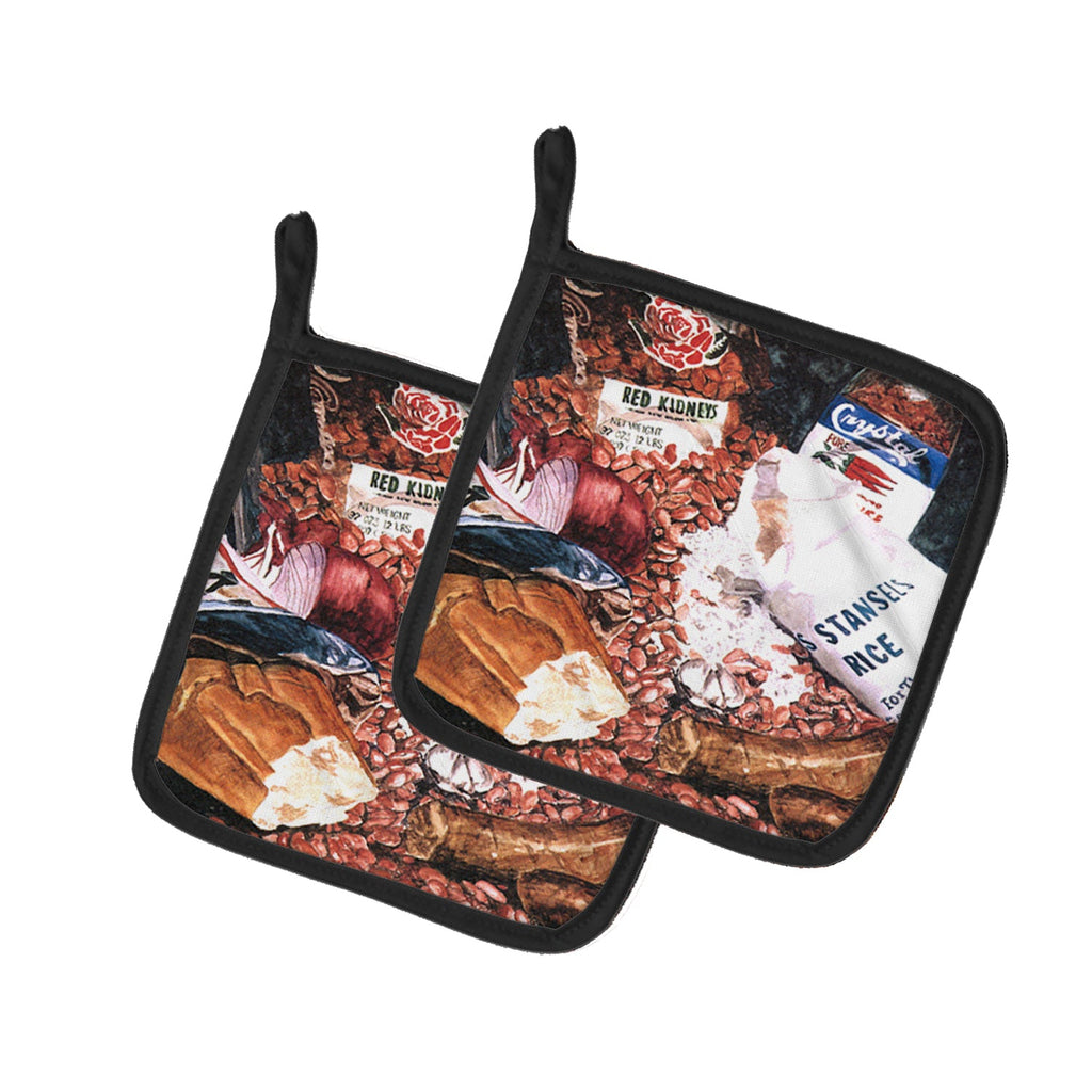Red Beans and Rice Pot Holder Set of 2 Heat Resistant Quilted Hot Pads 7.5 x 7.5 Inch, Insulated Kitchen Trivets for Cooking & Baking