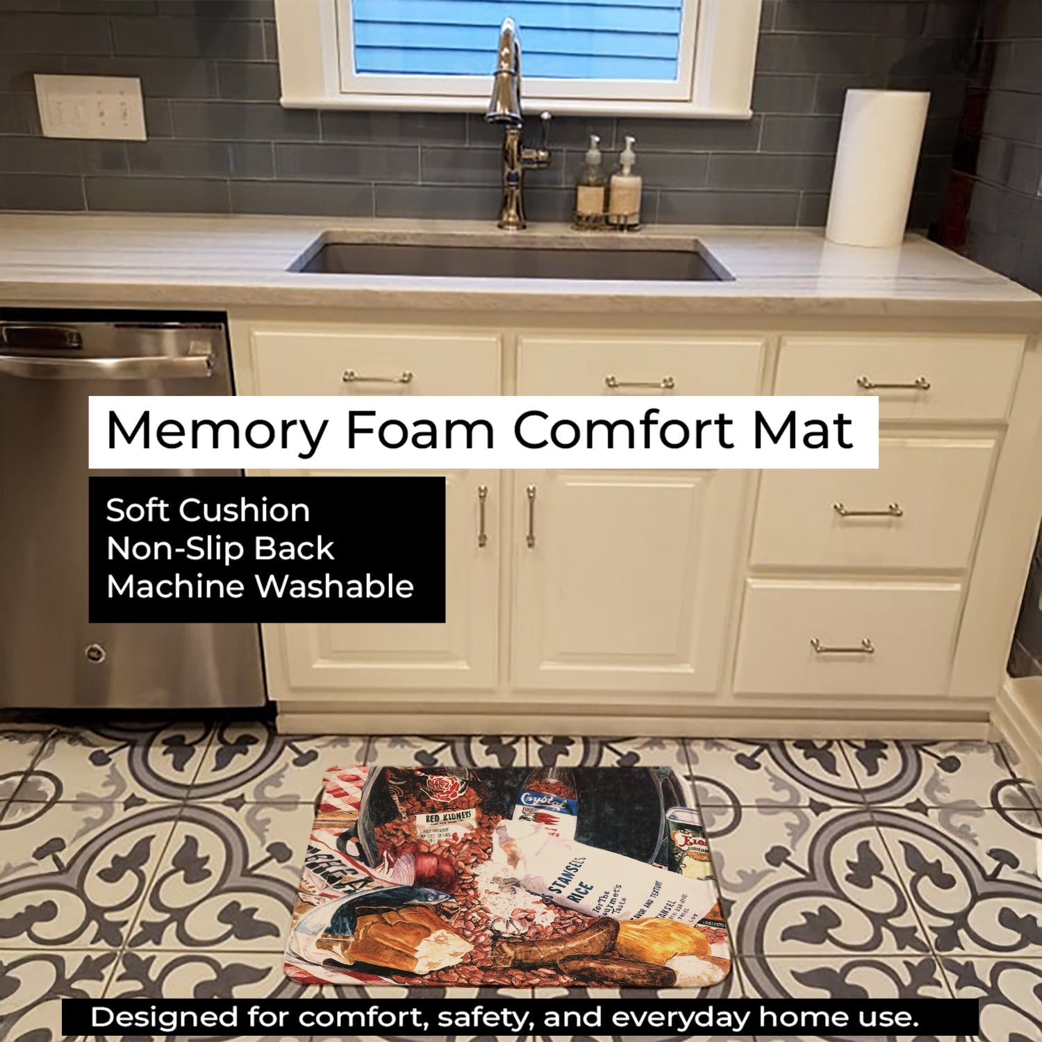 Red Beans and Rice Memory Foam Kitchen Mat Machine Washable Anti-Fatigue Cushion Comfort Bath or Kitchen Rug
