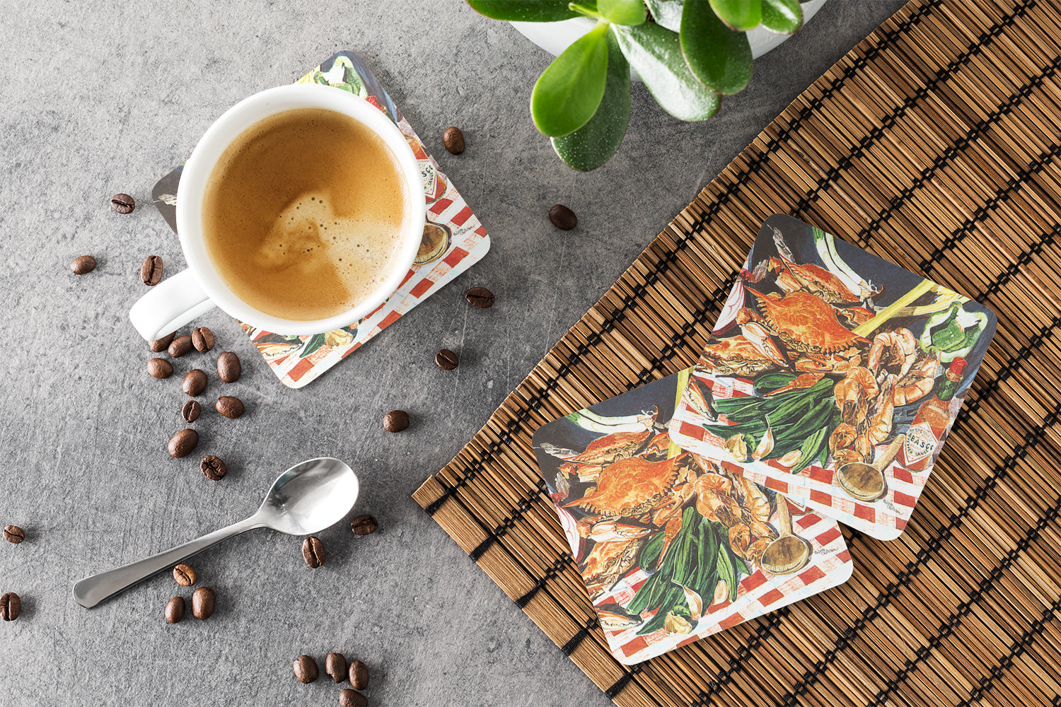 Crab Boil Foam Coasters Set of 4 Cup Coasters for Indoor Outdoor, Tabletop Protection, Anti Slip, Mouse pad Material