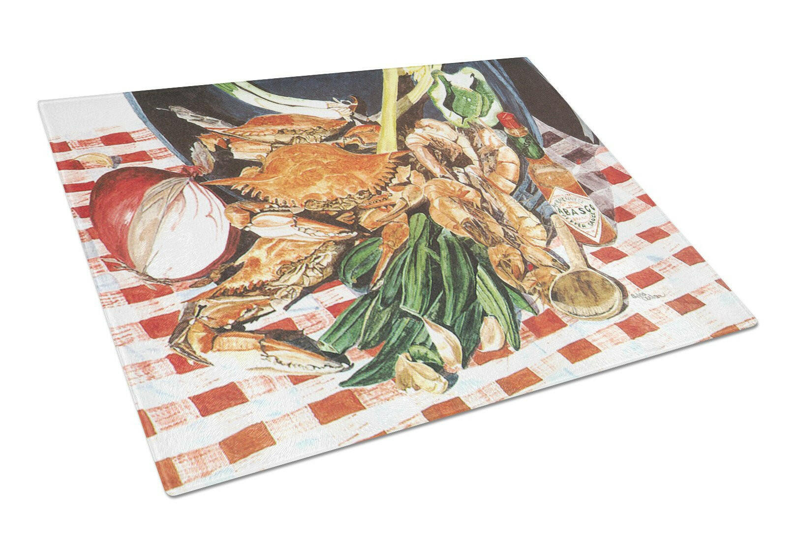 Crab Boil Cutting Board Tempered Glass Kitchen Cutting Surface, Heat Resistant Chopping, Non-Slip Feet, Food Prep & Serving