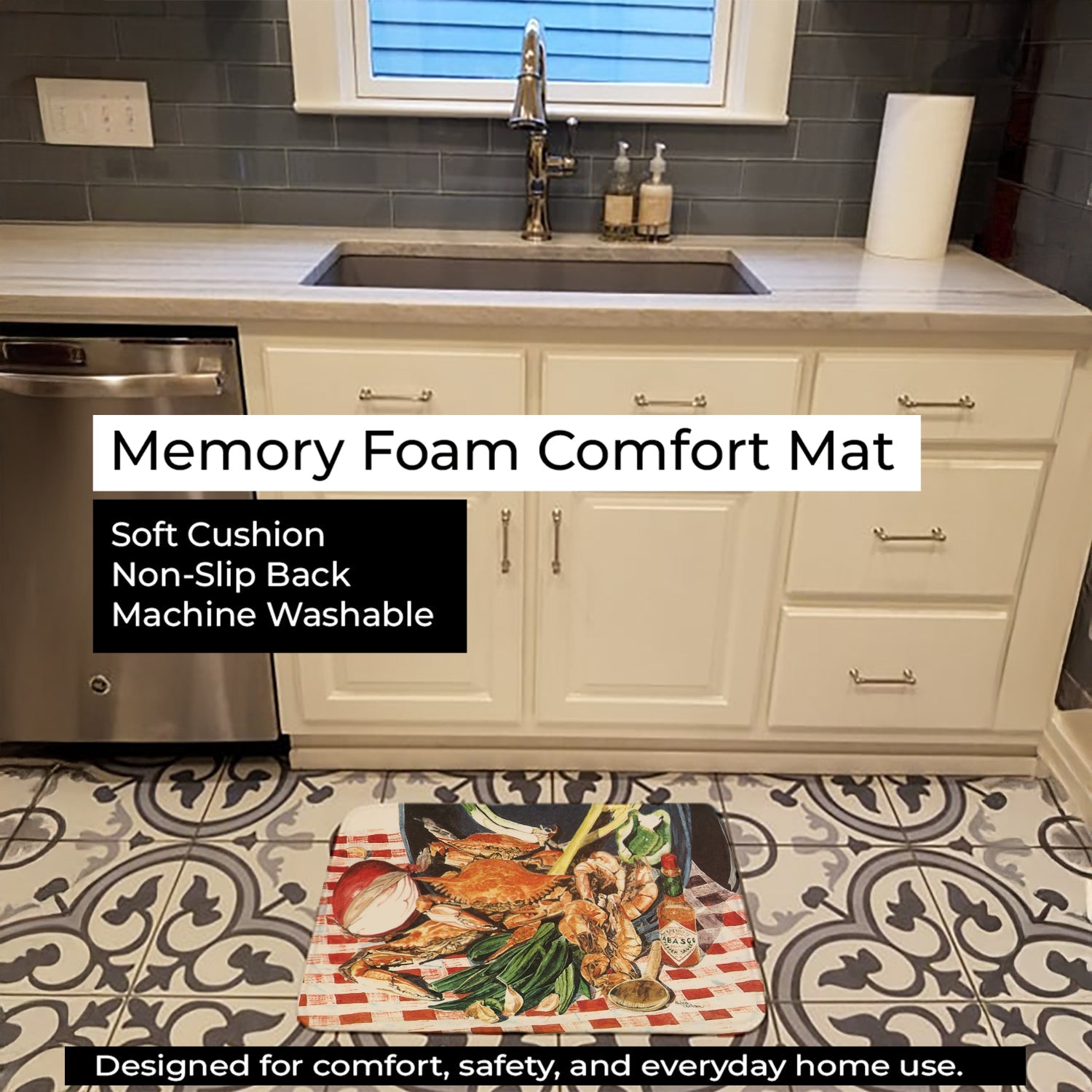 Crab Boil Memory Foam Kitchen Mat Machine Washable Anti-Fatigue Cushion Comfort Bath or Kitchen Rug