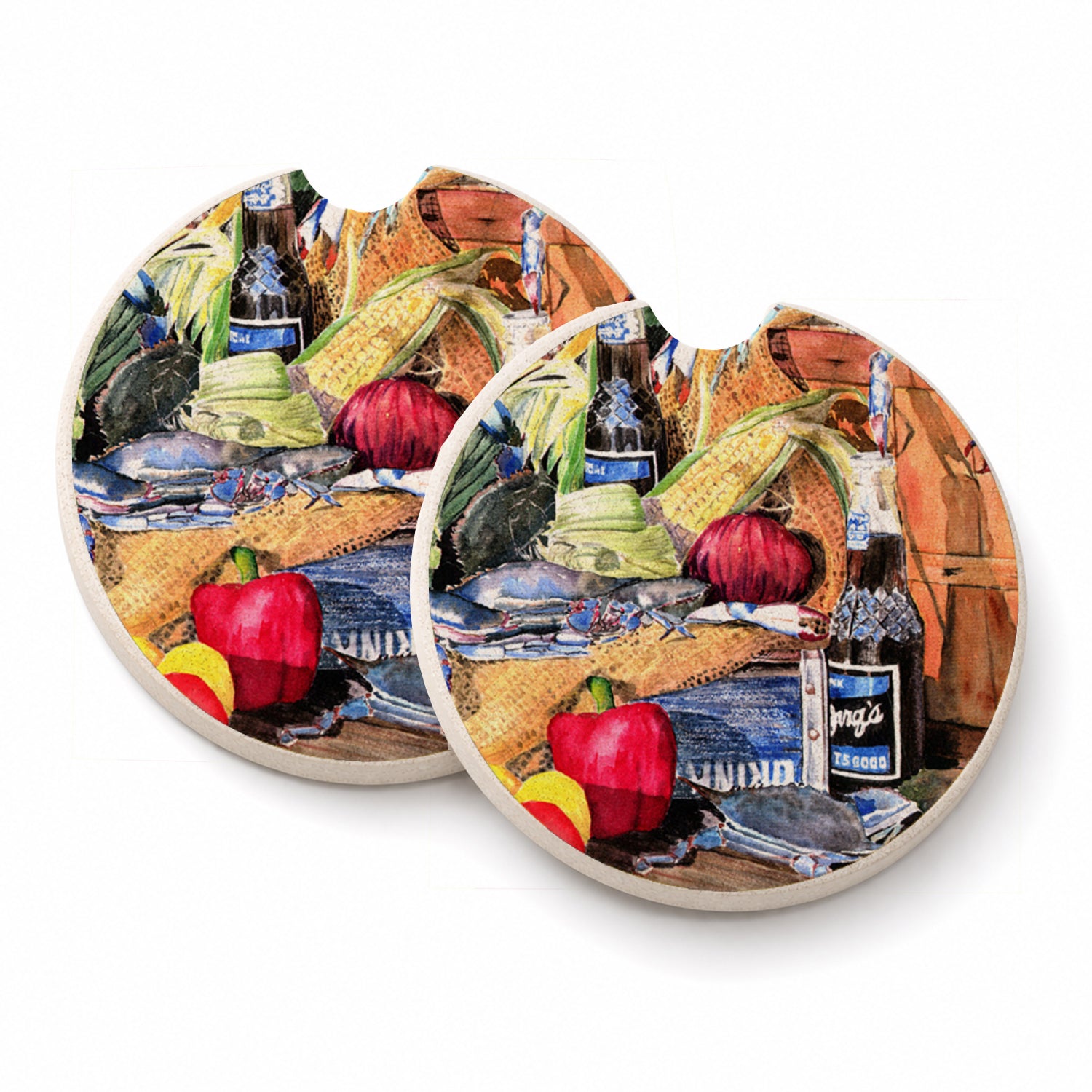 Barq's and Crabs Set of 2 Cup Holder Car Coasters Absorbent Round Sandstone Coasters Gifts for Men or Women, 2.5, Multicolor