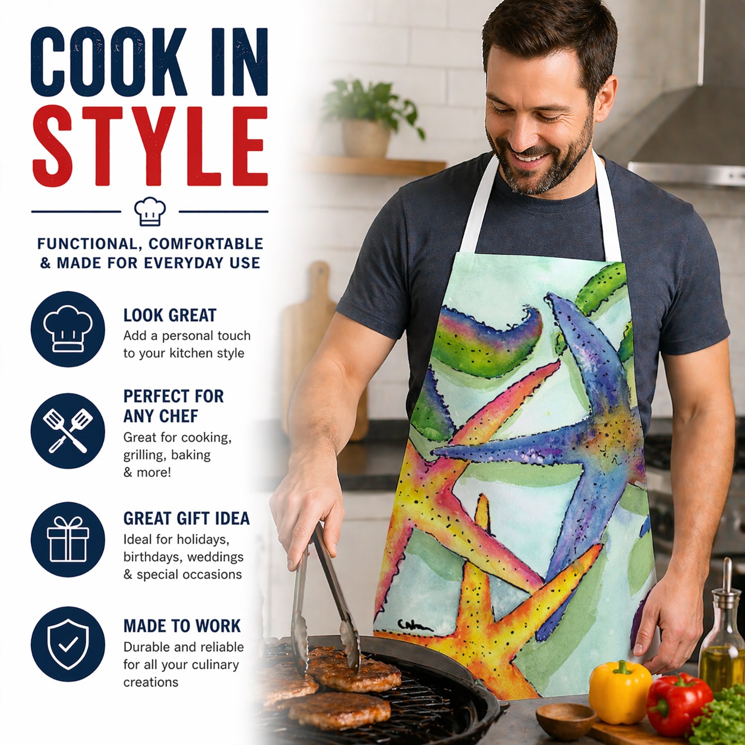Starfish Apron Cooking Kitchen Server Baking Crafts Gardening for Adult Women Men, Unisex, Large, Multicolor