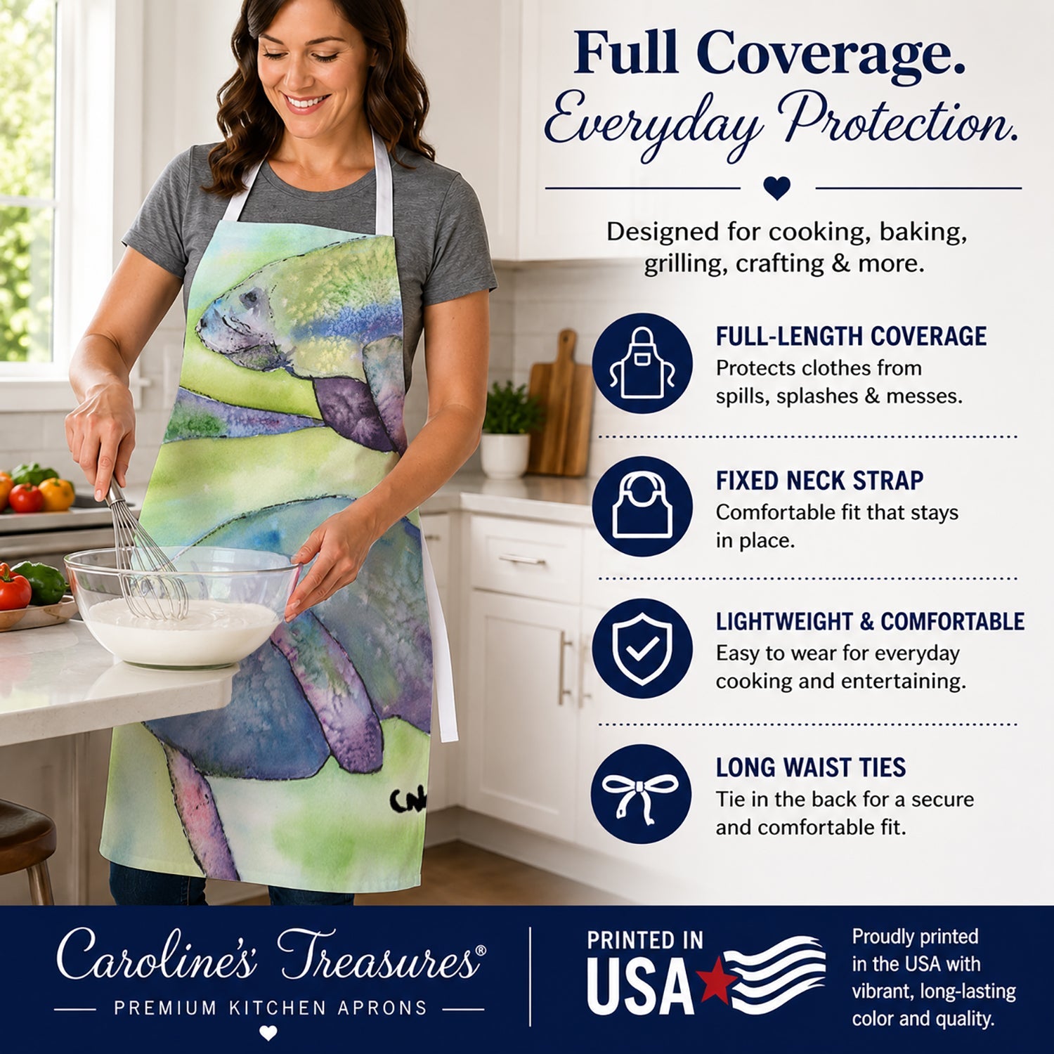 Manatee Apron Cooking Kitchen Server Baking Crafts Gardening for Adult Women Men, Unisex, Large, Multicolor