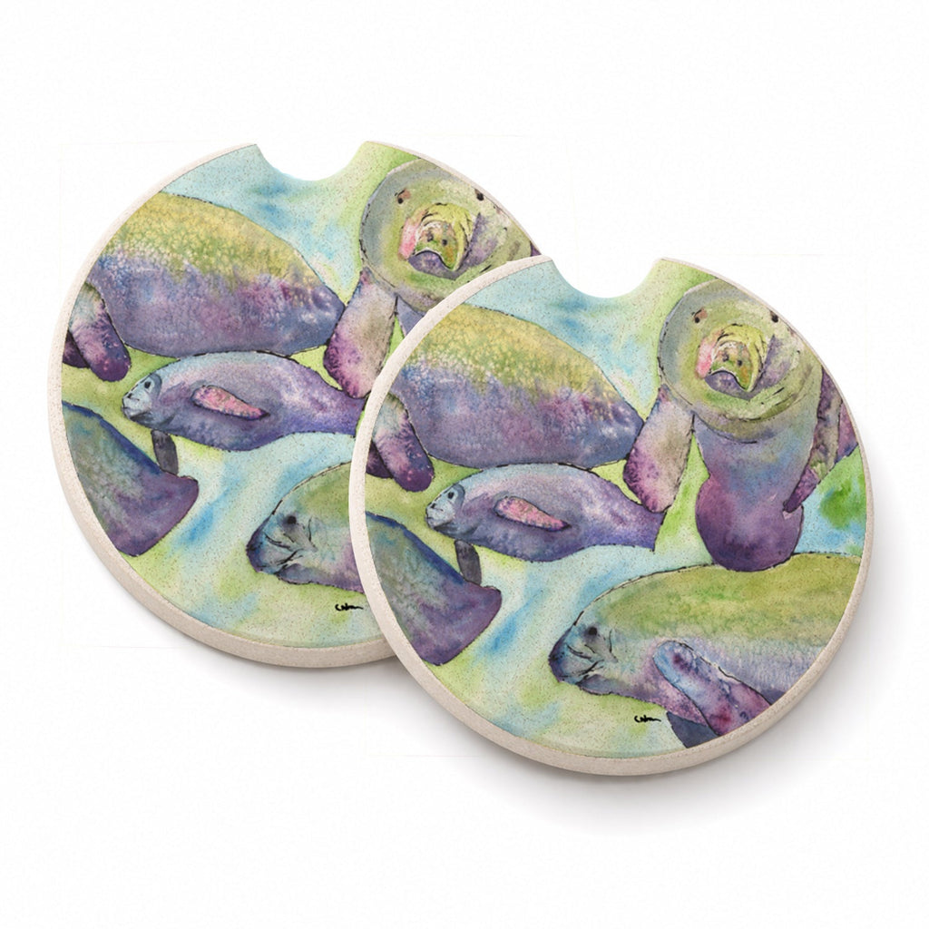 Manatee Set of 2 Cup Holder Car Coasters Absorbent Round Sandstone Coasters Gifts for Men or Women, 2.5, Multicolor