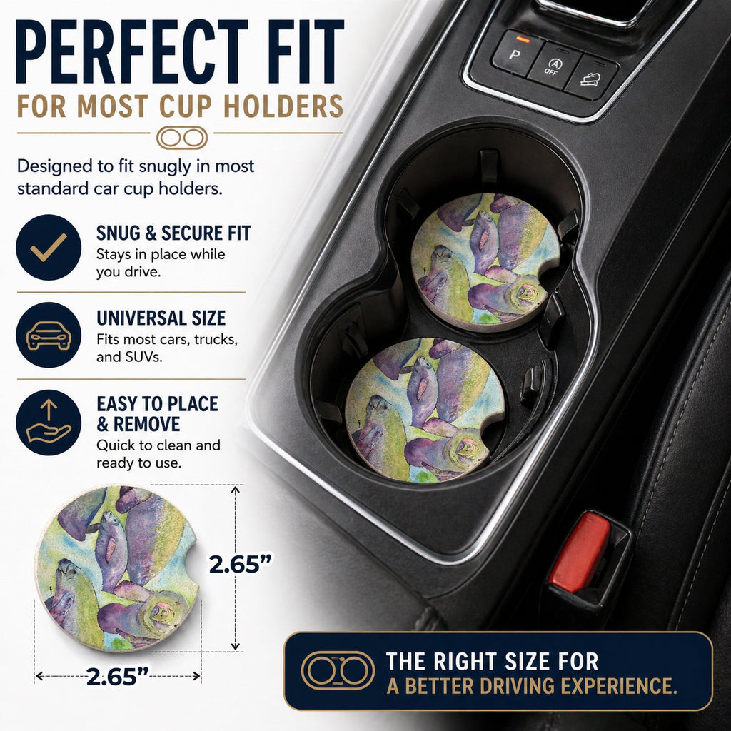 Manatee Set of 2 Cup Holder Car Coasters Absorbent Round Sandstone Coasters Gifts for Men or Women, 2.5, Multicolor