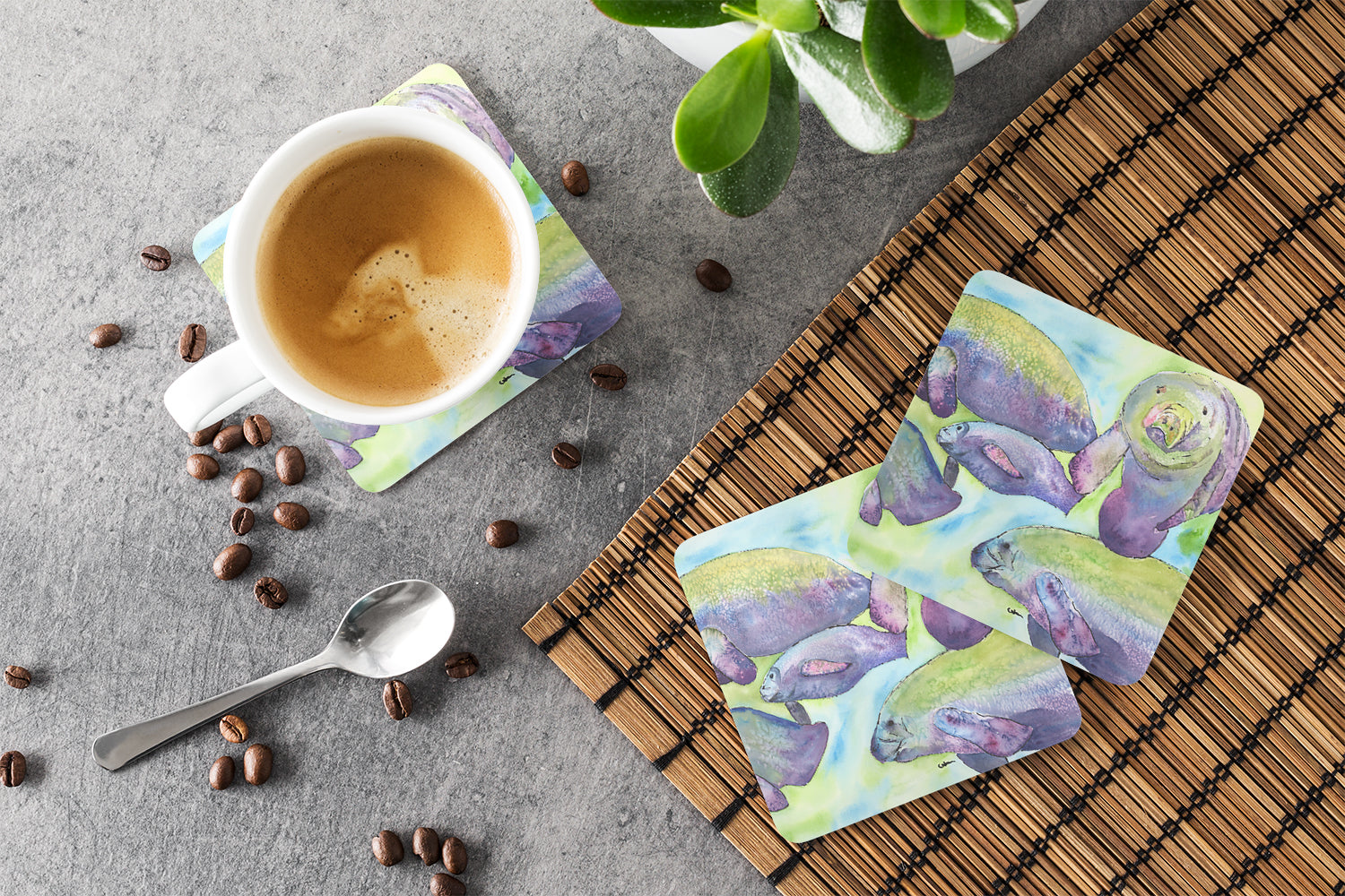 Manatee Foam Coasters Set of 4 Cup Coasters for Indoor Outdoor, Tabletop Protection, Anti Slip, Mouse pad Material