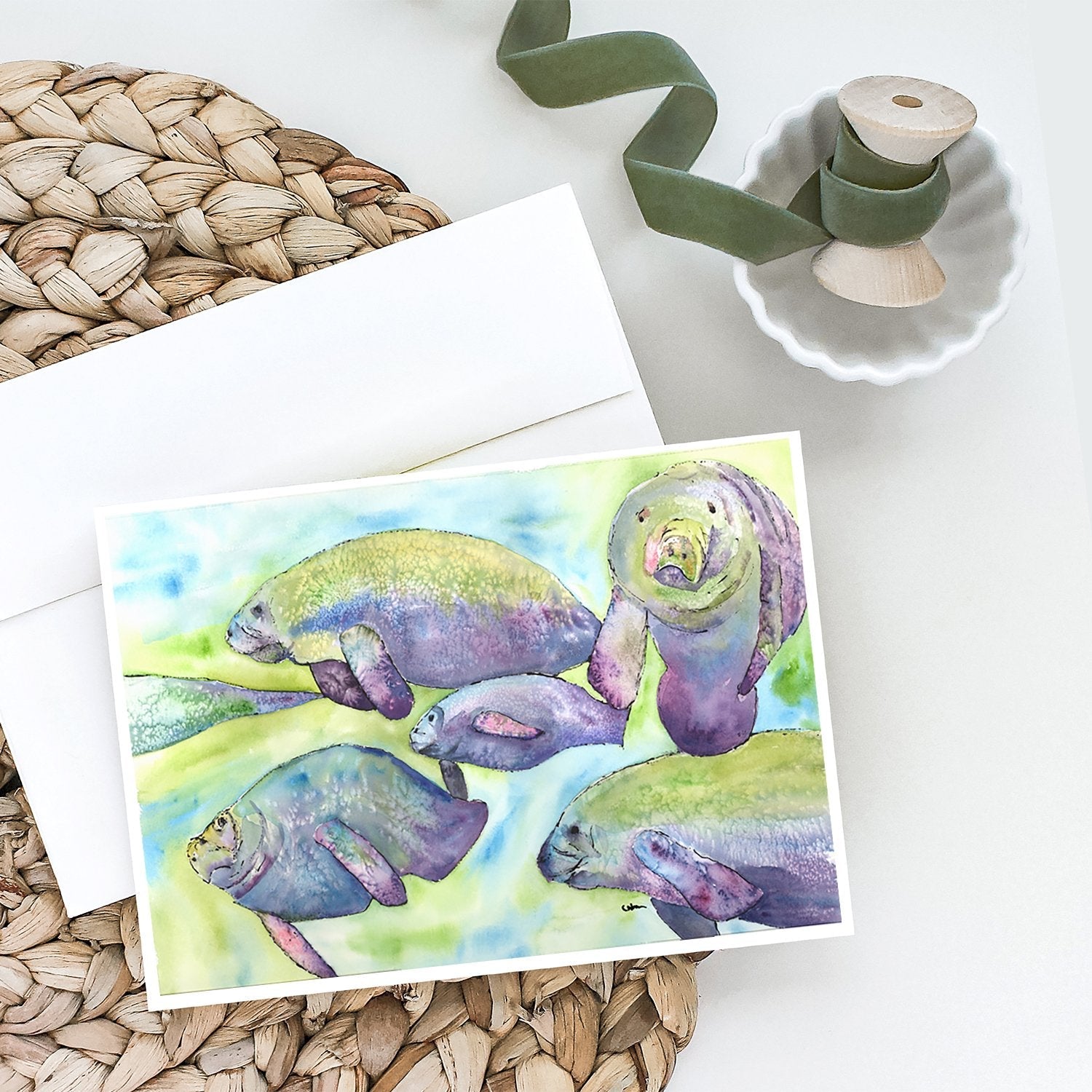 Manatee Greeting Cards Pack of 8 Blank Cards with Envelopes Whimsical A7 Size 5x7