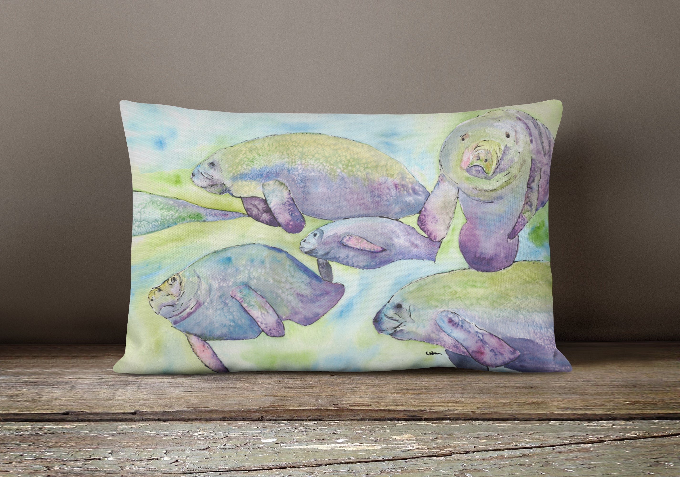 Manatee Decorative Throw Pillow 12x16 Indoor Outdoor Accent Cushion, Fabric Cover with Insert for Sofa, Bed, Porch & Living Room
