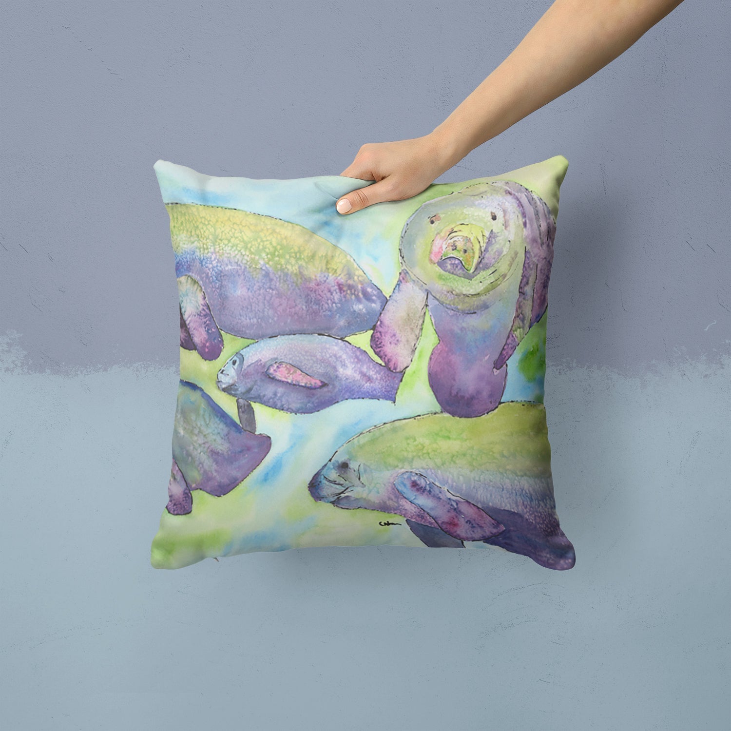 Manatee Decorative Throw Pillow 14x14 Indoor Outdoor Accent Cushion, Fabric Cover with Insert for Sofa, Bed, Porch & Living Room