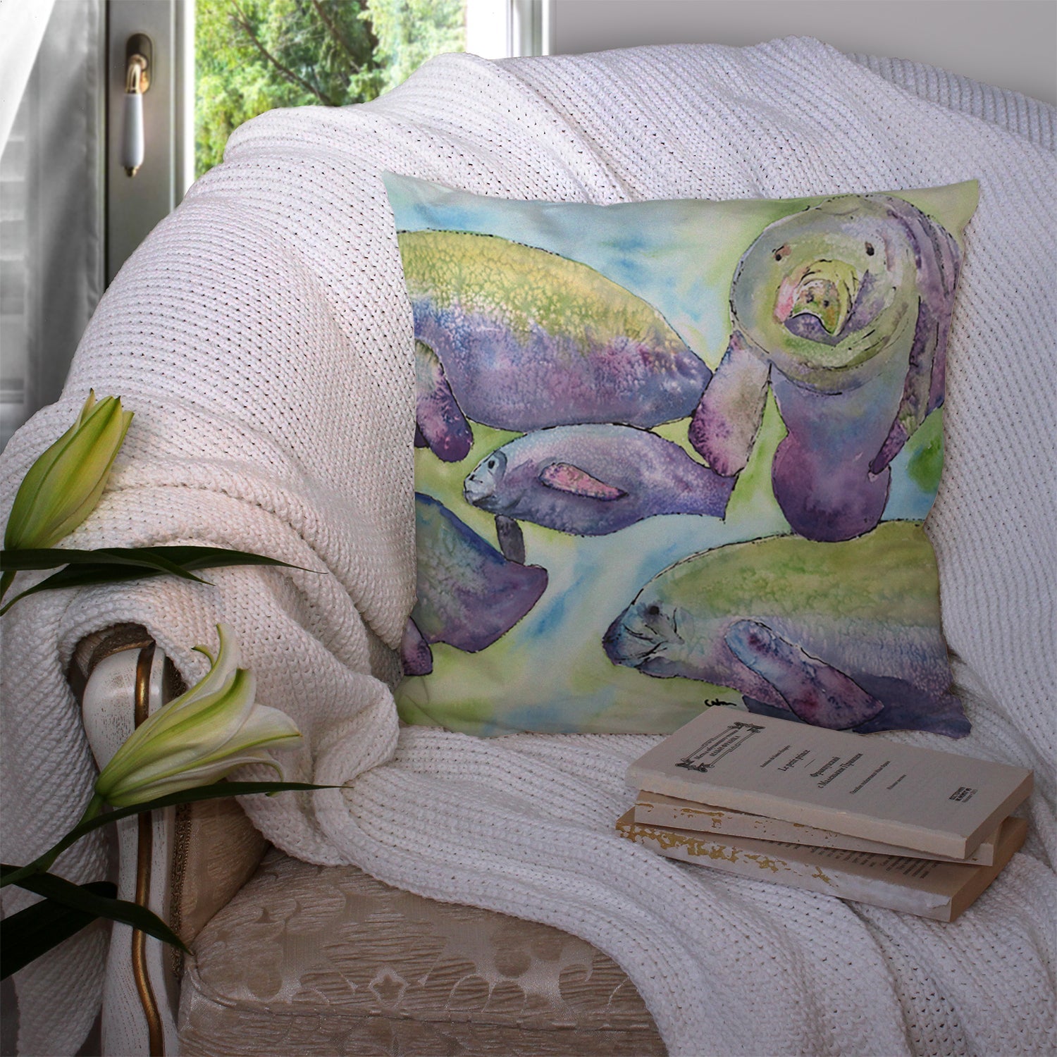 Manatee Decorative Throw Pillow 14x14 Indoor Outdoor Accent Cushion, Fabric Cover with Insert for Sofa, Bed, Porch & Living Room