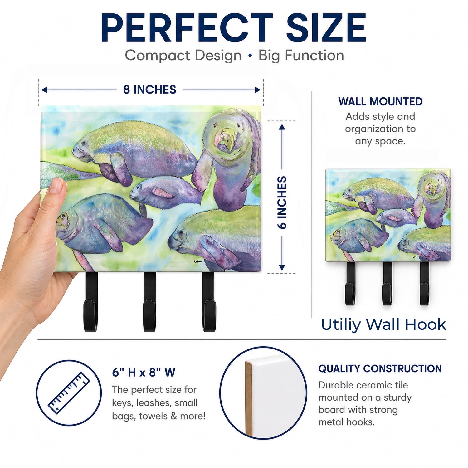 Manatee Leash or Key Holder Wall Hooks, Coat Rack Wall Mount, for Hanging Keys, Towels, Aprons, Leashes