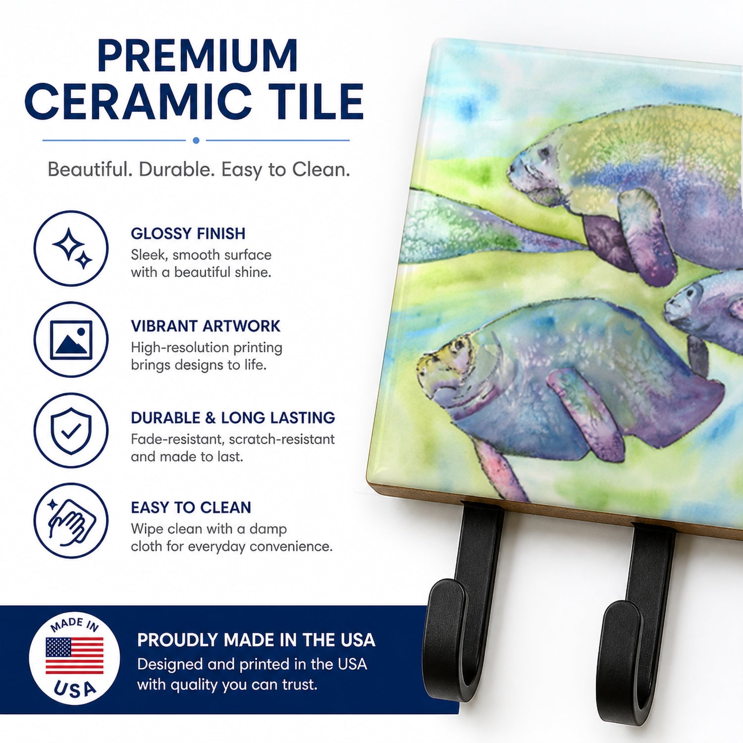 Manatee Leash or Key Holder Wall Hooks, Coat Rack Wall Mount, for Hanging Keys, Towels, Aprons, Leashes