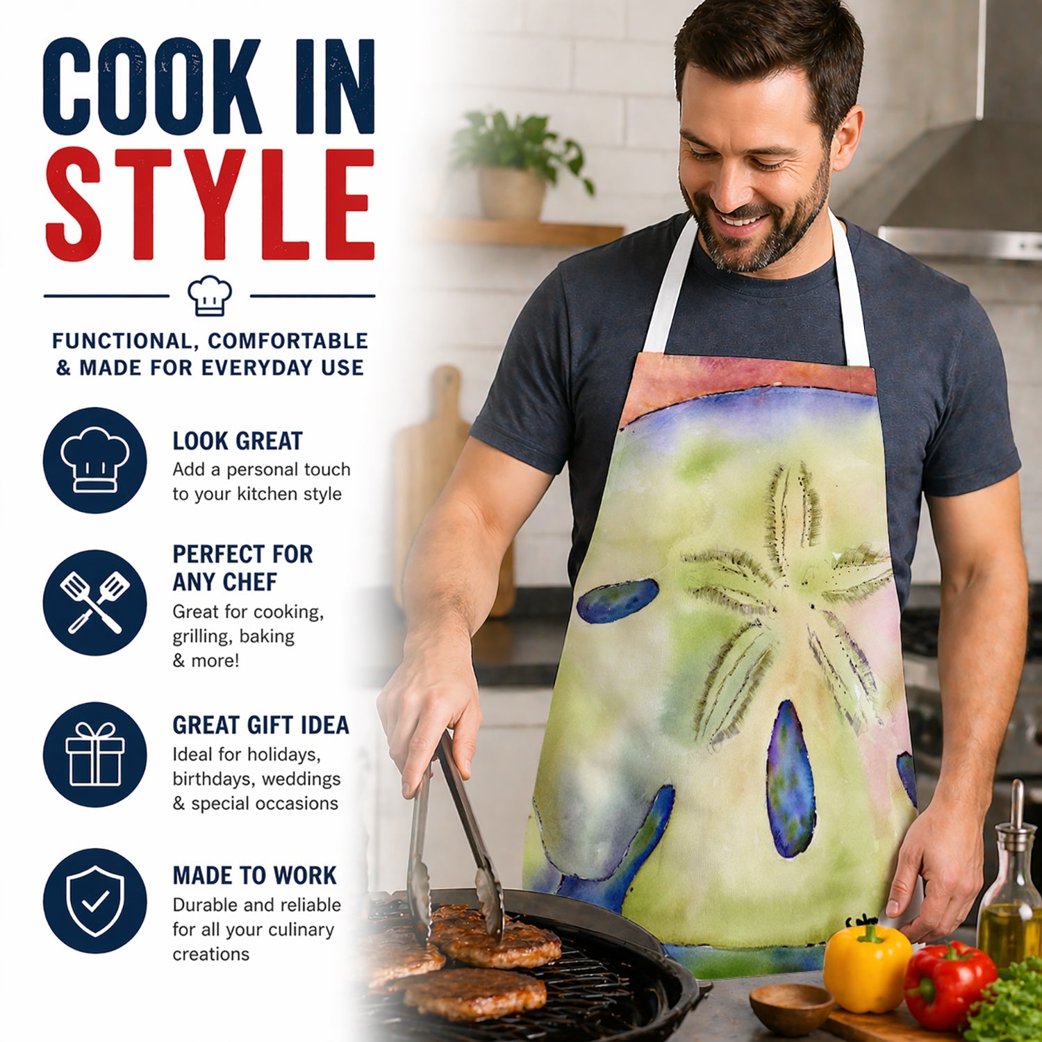 Sand Dollar Apron Cooking Kitchen Server Baking Crafts Gardening for Adult Women Men, Unisex, Large, Multicolor