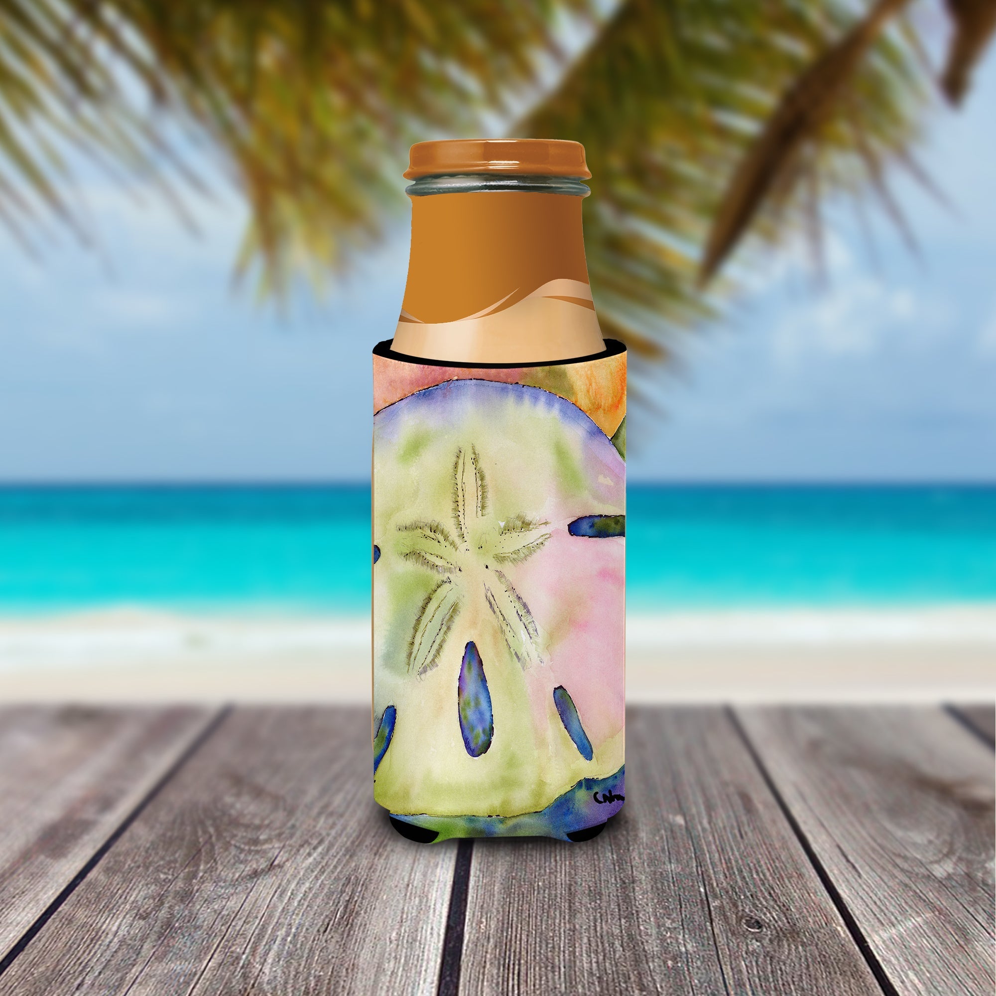 Sand Dollar Slim Can Hugger , Insulated Foam Hugger for 12 oz Slim Cans, Beer Bottles & Water Bottles, Printed in USA