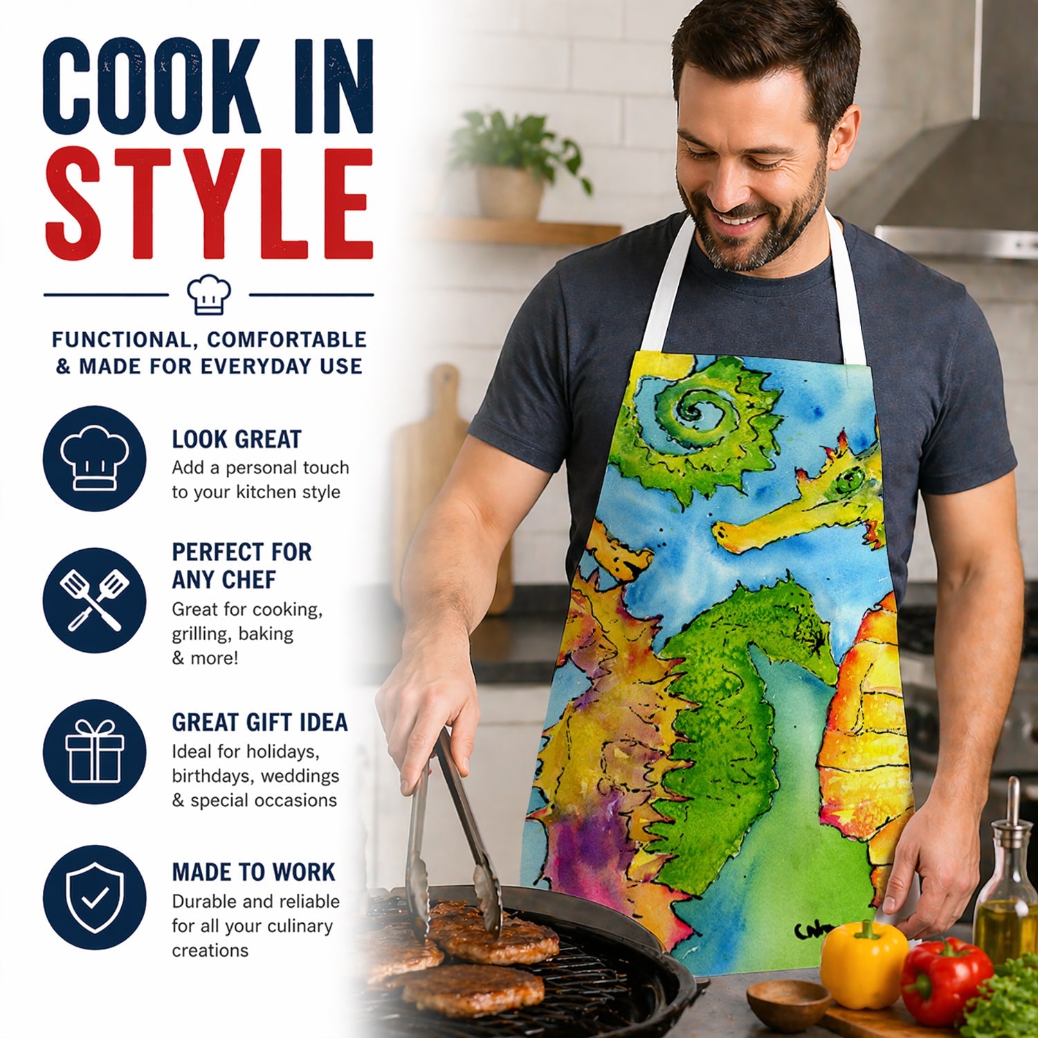 Seahorse Apron Cooking Kitchen Server Baking Crafts Gardening for Adult Women Men, Unisex, Large, Multicolor