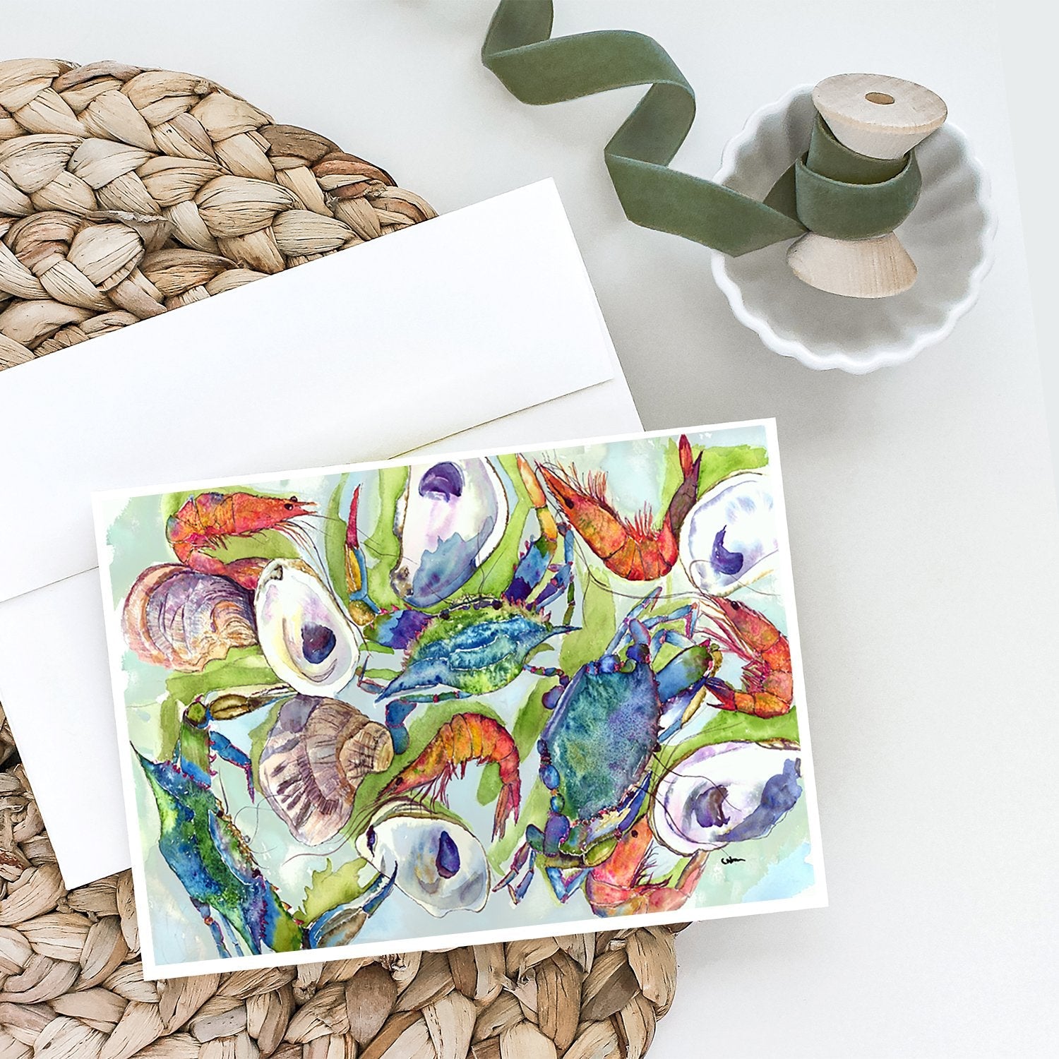 Crab Shrimp Oysters Greeting Cards Pack of 8 Blank Cards with Envelopes Whimsical A7 Size 5x7