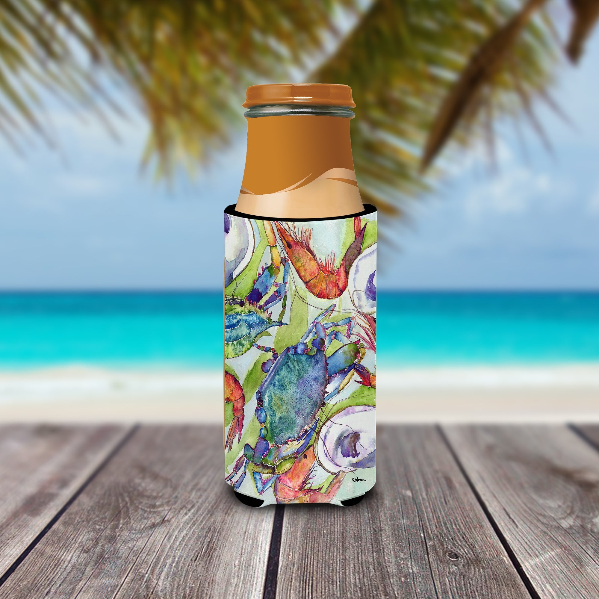 Crab Shrimp Oysters Slim Can Hugger , Insulated Foam Hugger for 12 oz Slim Cans, Beer Bottles & Water Bottles, Printed in USA