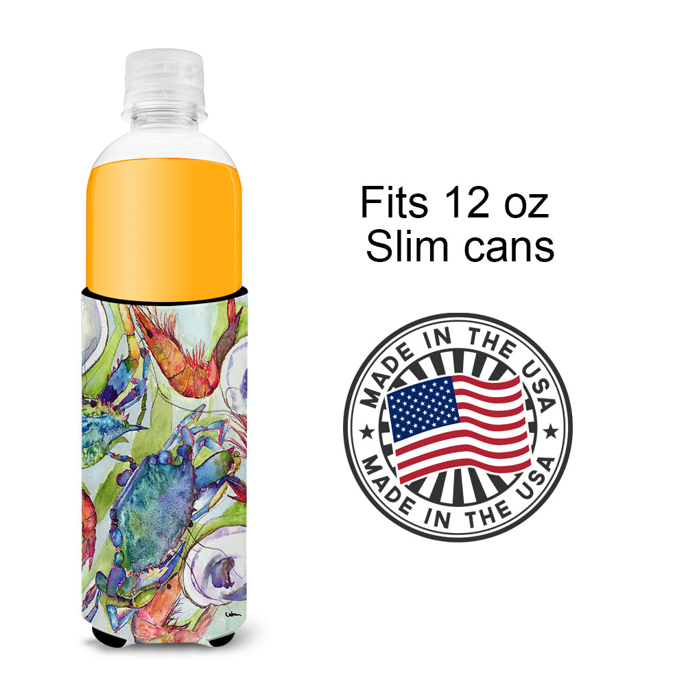 Crab Shrimp Oysters Slim Can Hugger , Insulated Foam Hugger for 12 oz Slim Cans, Beer Bottles & Water Bottles, Printed in USA