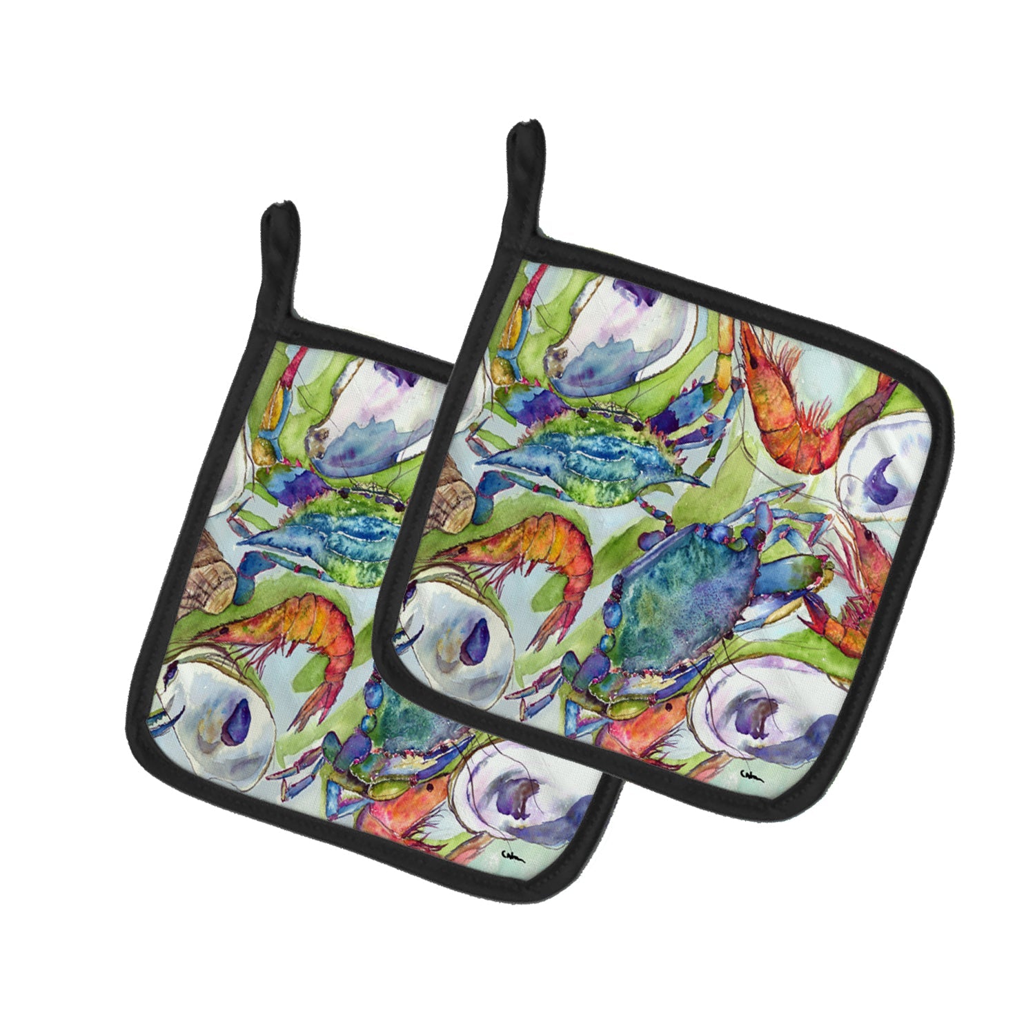 Crab Shrimp Oysters Pot Holder Set of 2 Heat Resistant Quilted Hot Pads 7.5 x 7.5 Inch, Insulated Kitchen Trivets for Cooking & Baking