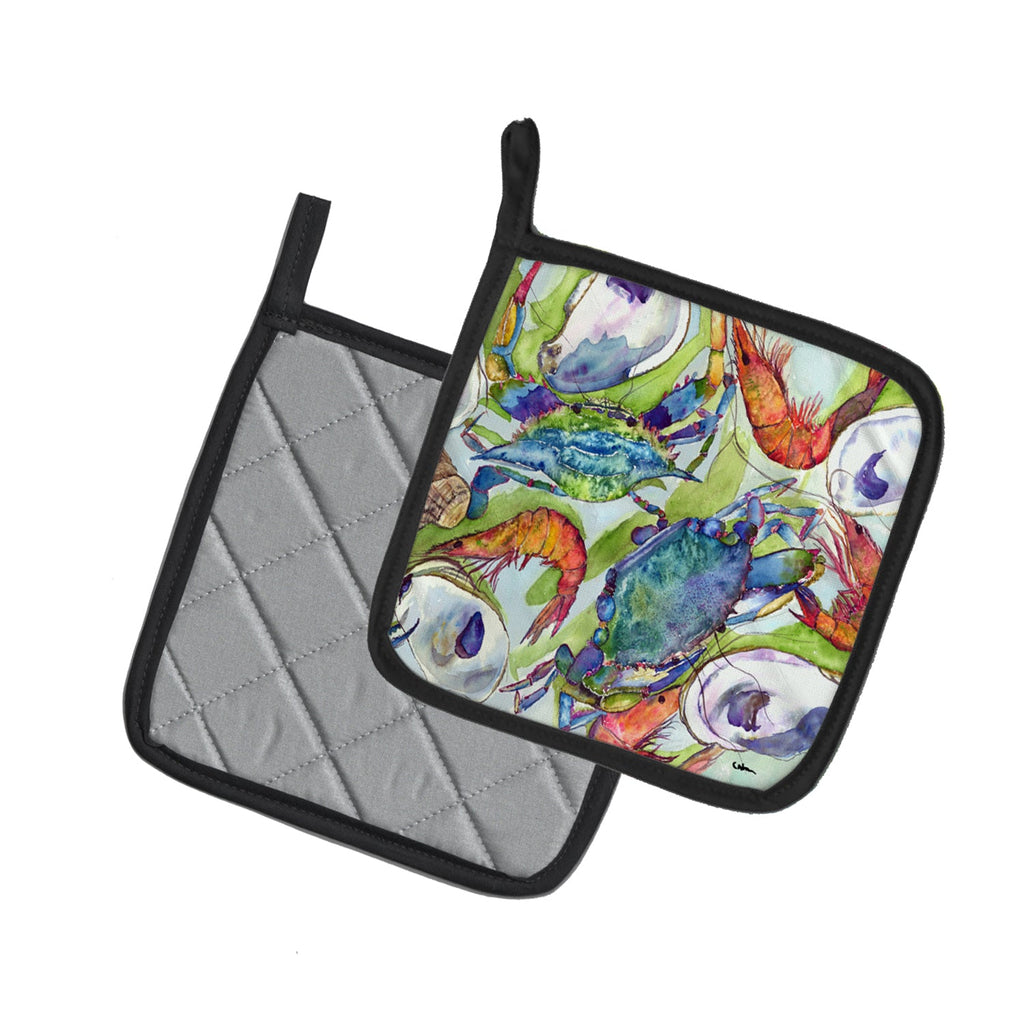 Crab Shrimp Oysters Pot Holder Set of 2 Heat Resistant Quilted Hot Pads 7.5 x 7.5 Inch, Insulated Kitchen Trivets for Cooking & Baking