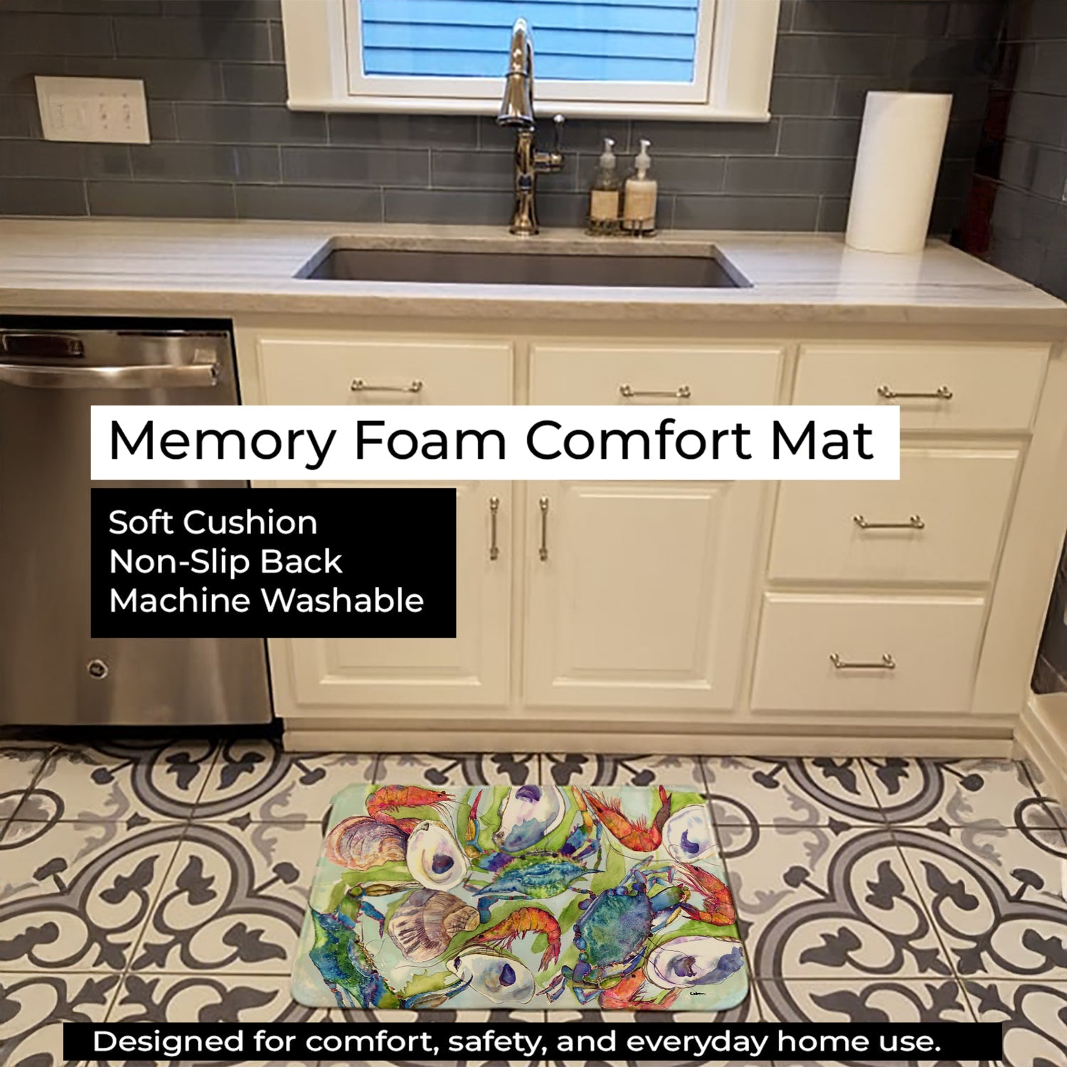 Crab Shrimp Oysters Memory Foam Kitchen Mat Machine Washable Anti-Fatigue Cushion Comfort Bath or Kitchen Rug