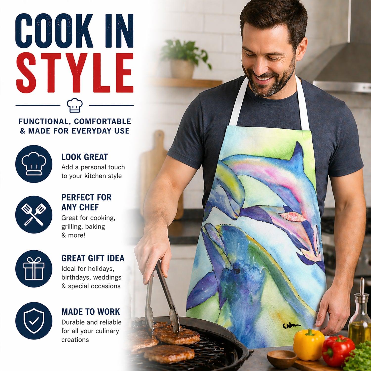 Dolphin Apron Cooking Kitchen Server Baking Crafts Gardening for Adult Women Men, Unisex, Large, Multicolor