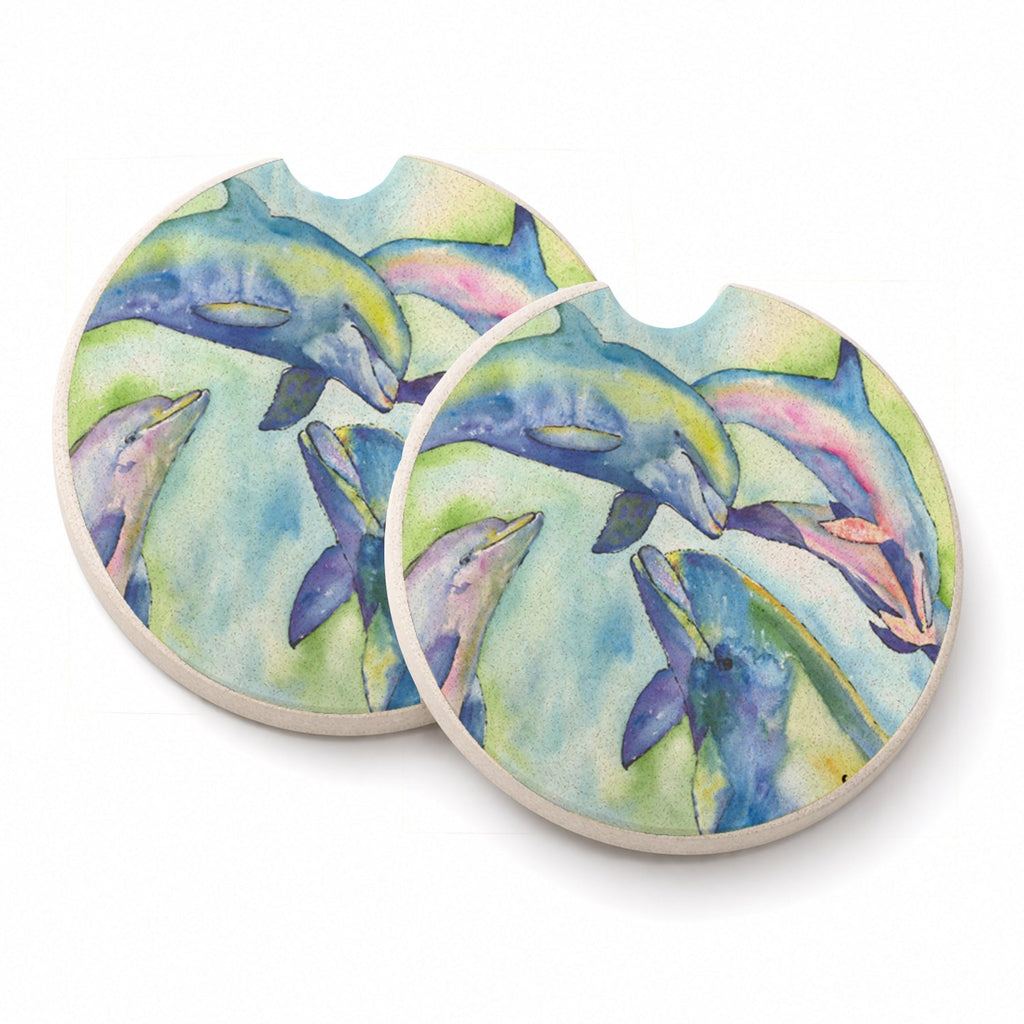 Dolphin Set of 2 Cup Holder Car Coasters Absorbent Round Sandstone Coasters Gifts for Men or Women, 2.5, Multicolor