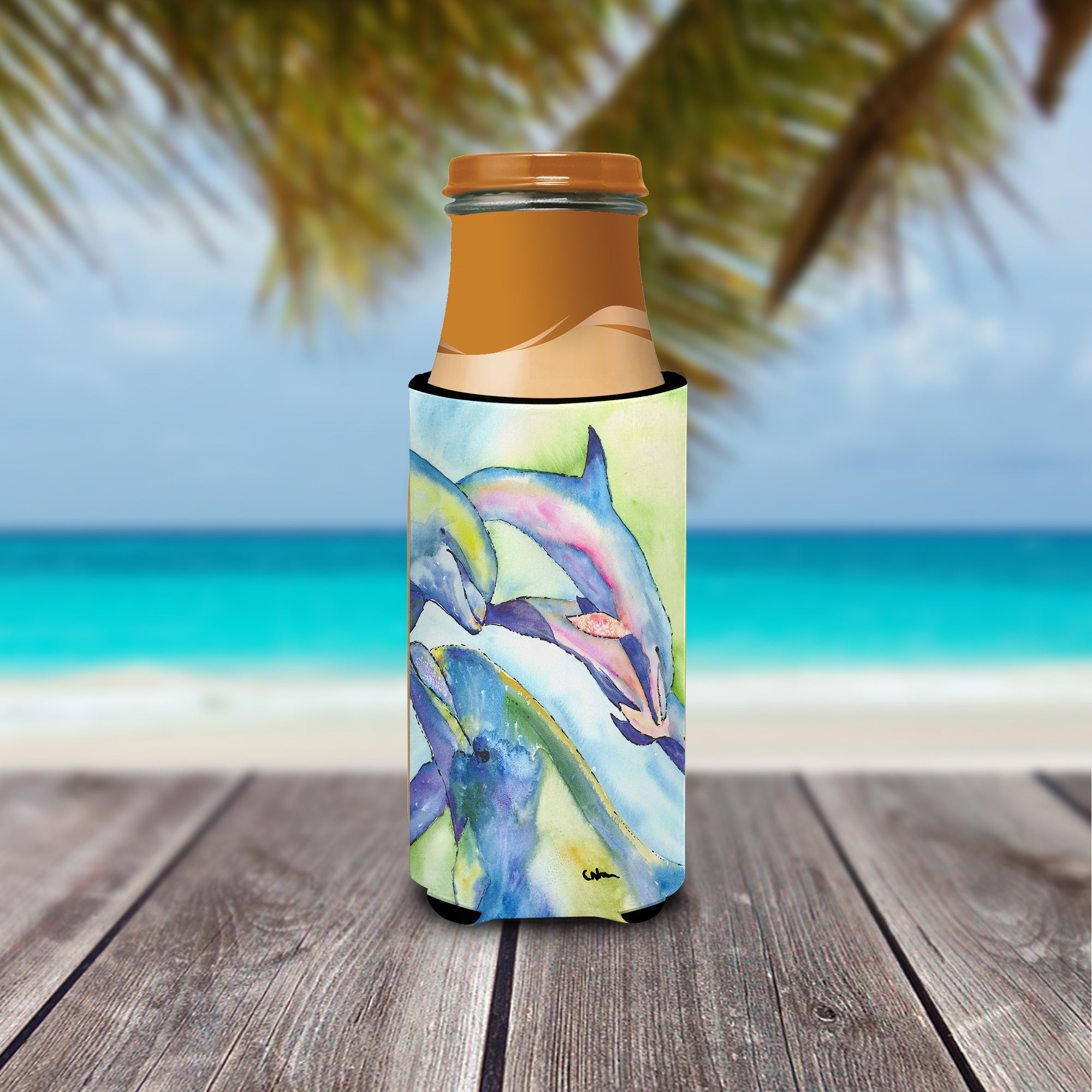 Dolphin Slim Can Hugger , Insulated Foam Hugger for 12 oz Slim Cans, Beer Bottles & Water Bottles, Printed in USA