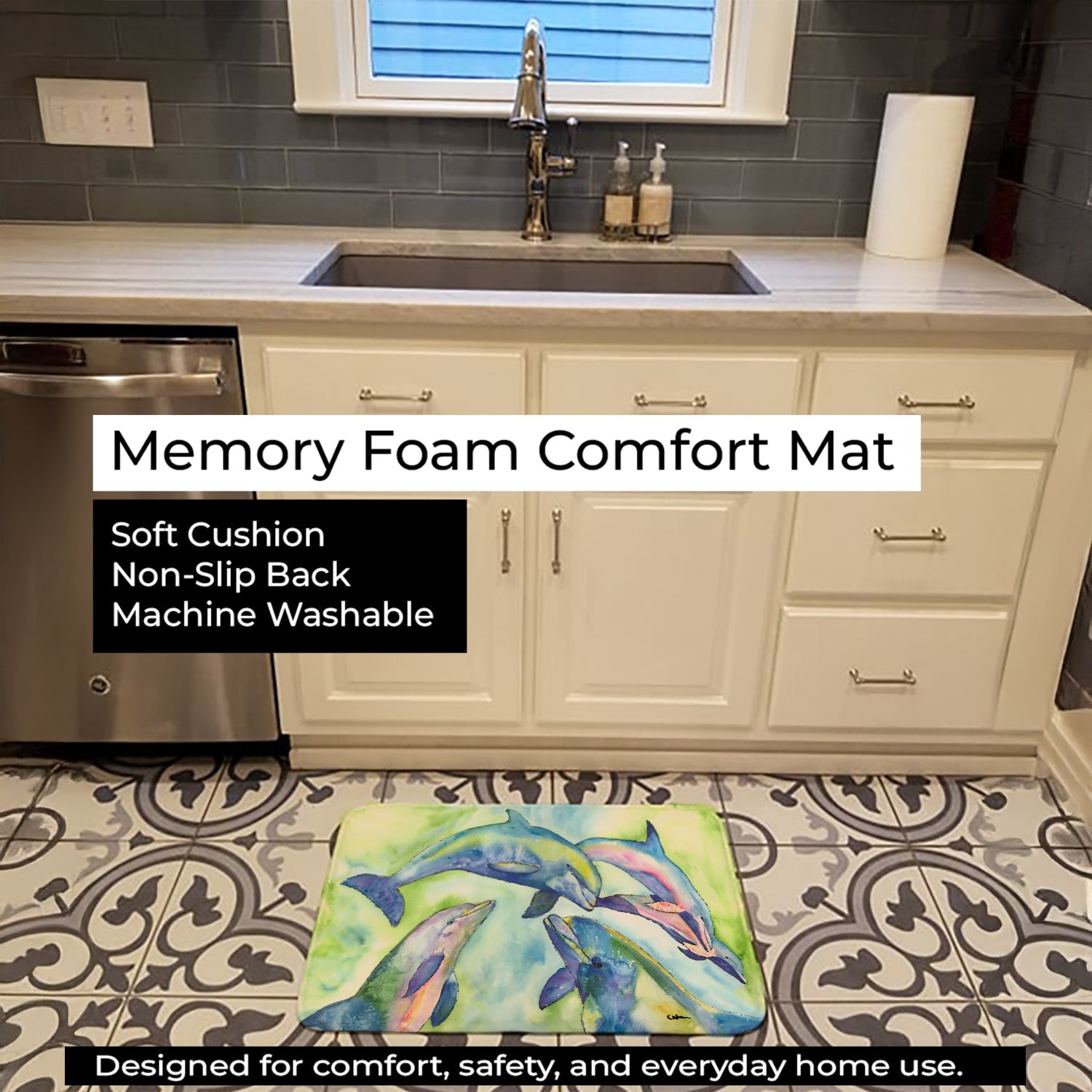 Dolphin Memory Foam Kitchen Mat Machine Washable Anti-Fatigue Cushion Comfort Bath or Kitchen Rug