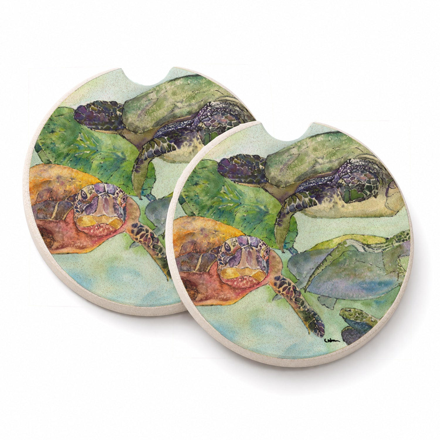 Turtle Loggerhead Set of 2 Cup Holder Car Coasters Absorbent Round Sandstone Coasters Gifts for Men or Women, 2.5, Multicolor