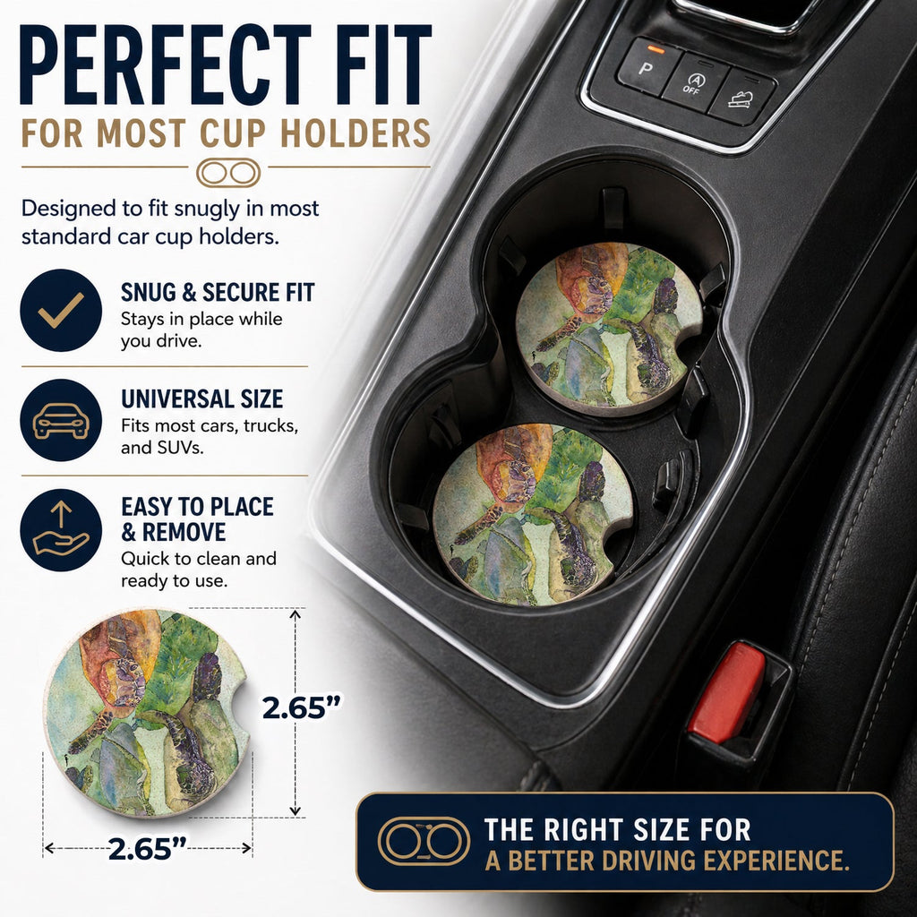 Turtle Loggerhead Set of 2 Cup Holder Car Coasters Absorbent Round Sandstone Coasters Gifts for Men or Women, 2.5, Multicolor