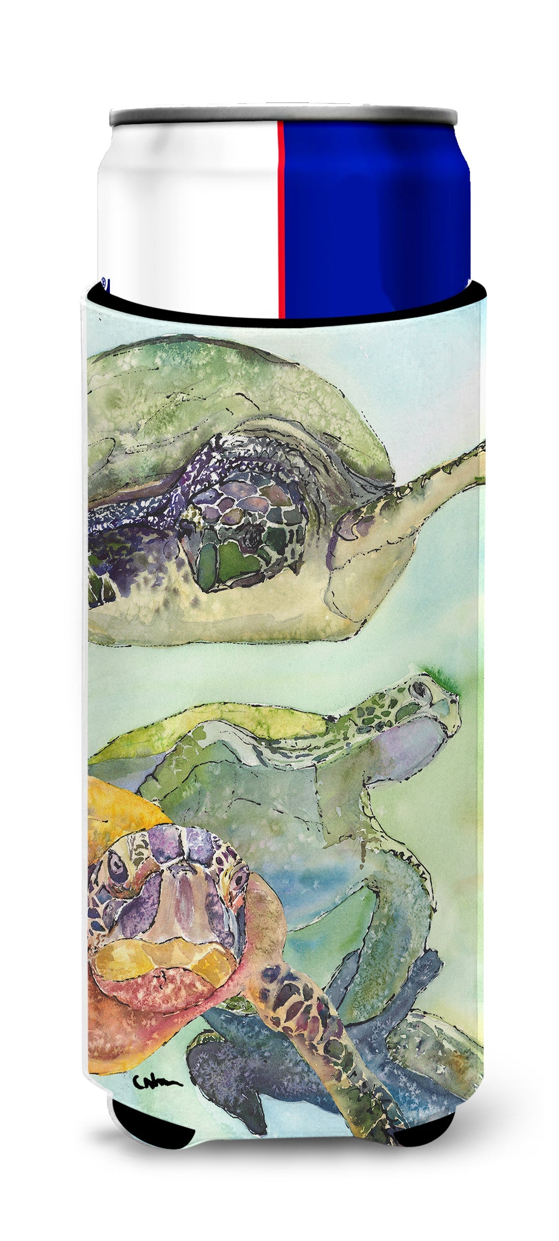 Turtle Loggerhead Slim Can Hugger , Insulated Foam Hugger for 12 oz Slim Cans, Beer Bottles & Water Bottles, Printed in USA