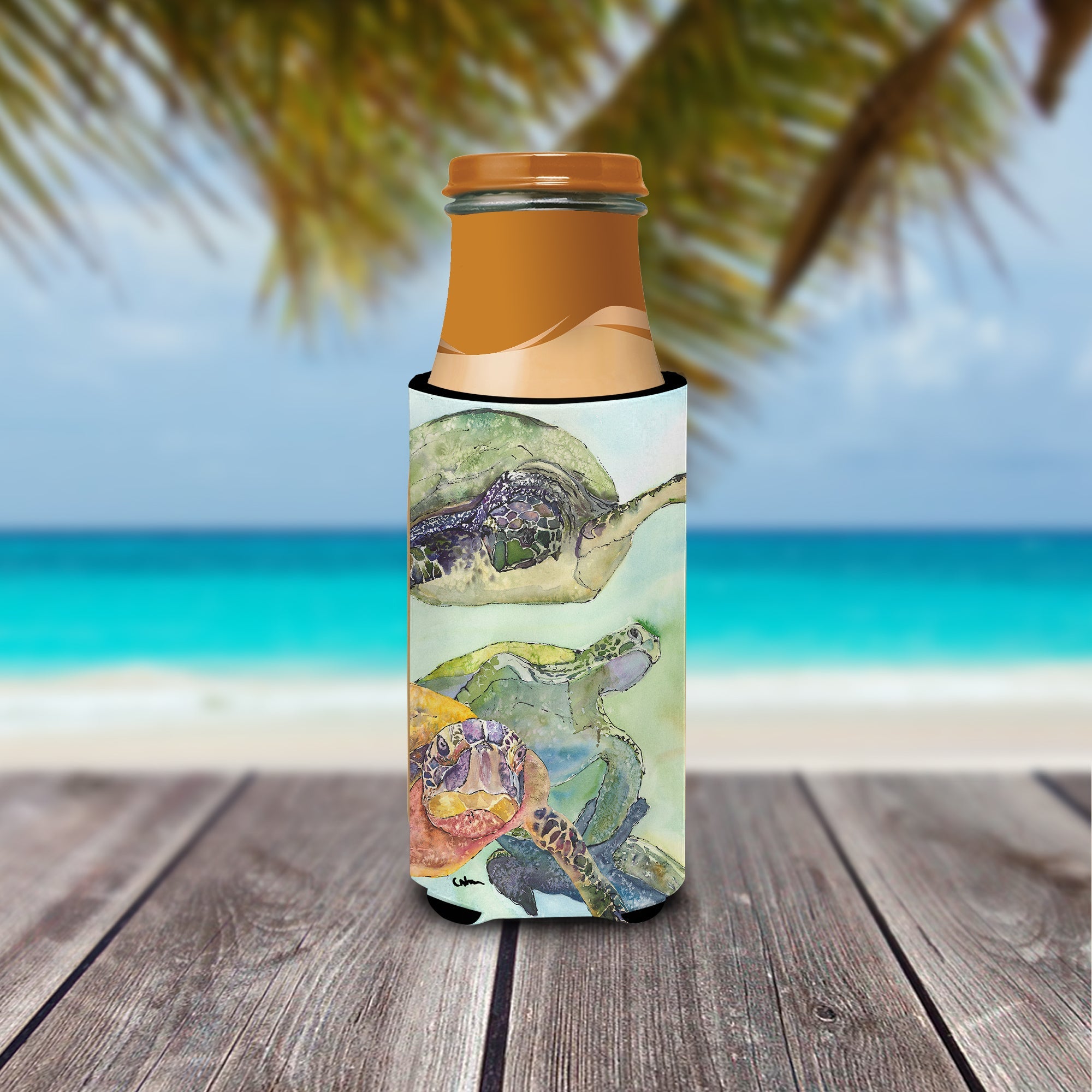 Turtle Loggerhead Slim Can Hugger , Insulated Foam Hugger for 12 oz Slim Cans, Beer Bottles & Water Bottles, Printed in USA