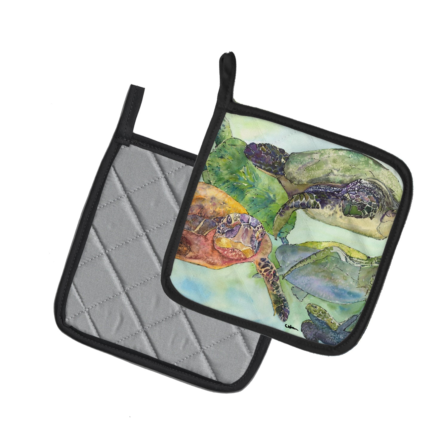 Turtle Loggerhead Pot Holder Set of 2 Heat Resistant Quilted Hot Pads 7.5 x 7.5 Inch, Insulated Kitchen Trivets for Cooking & Baking