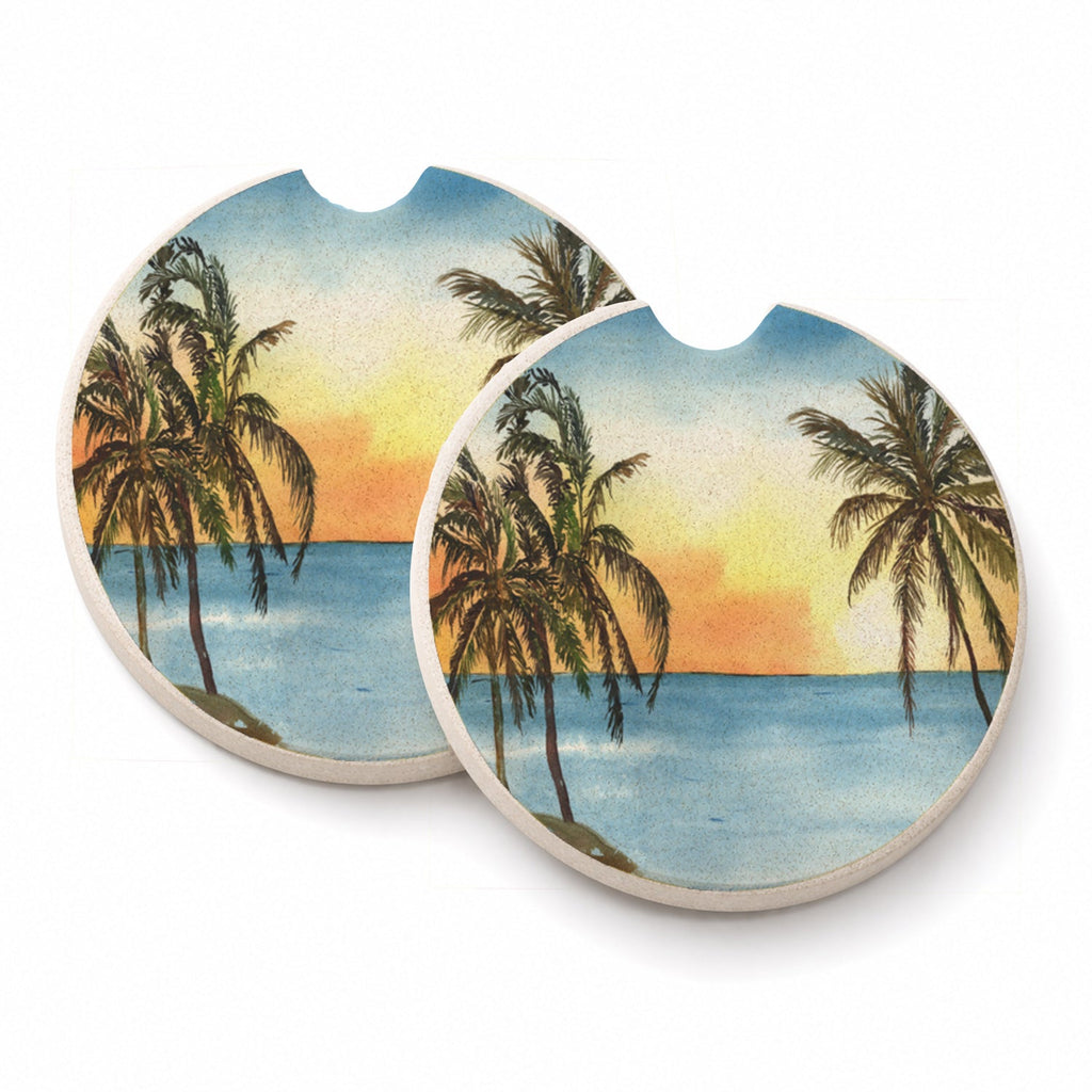 Palm Tree Set of 2 Cup Holder Car Coasters Absorbent Round Sandstone Coasters Gifts for Men or Women, 2.5, Multicolor